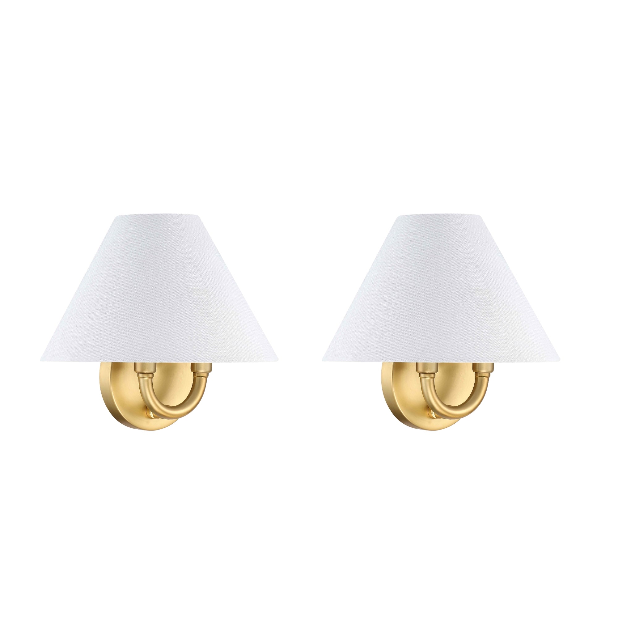A pair of wall-mounted sconces with gold bases and white, cone-shaped lampshades against a white background.