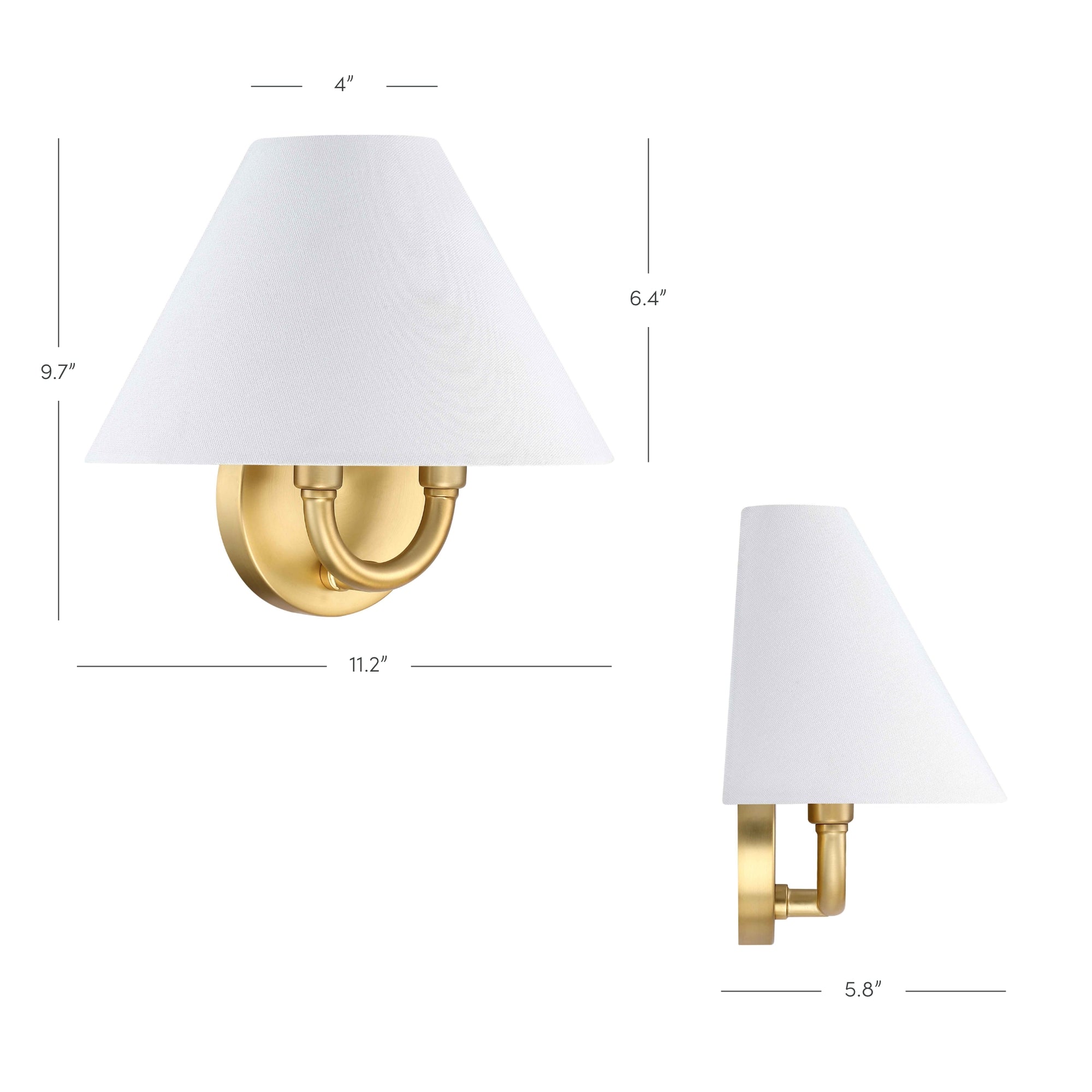 Wall sconce with a white conical lampshade and gold base shown from the front and side, with dimensions labeled: 9.7 tall, 11.2 wide, 6.4 shade height, 4 top shade width, 5.8 depth from wall.