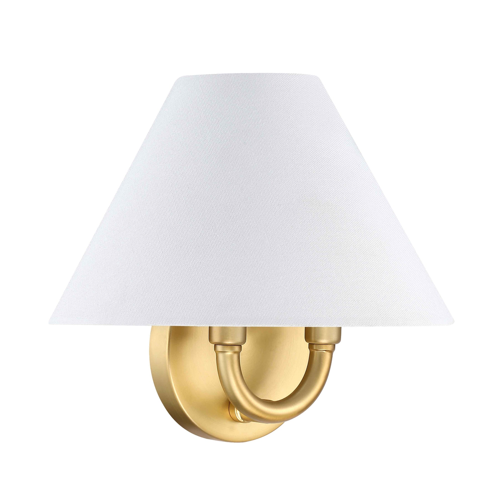 A wall-mounted sconce with a brushed gold base and a wide, white fabric lampshade, featuring a modern and elegant design.