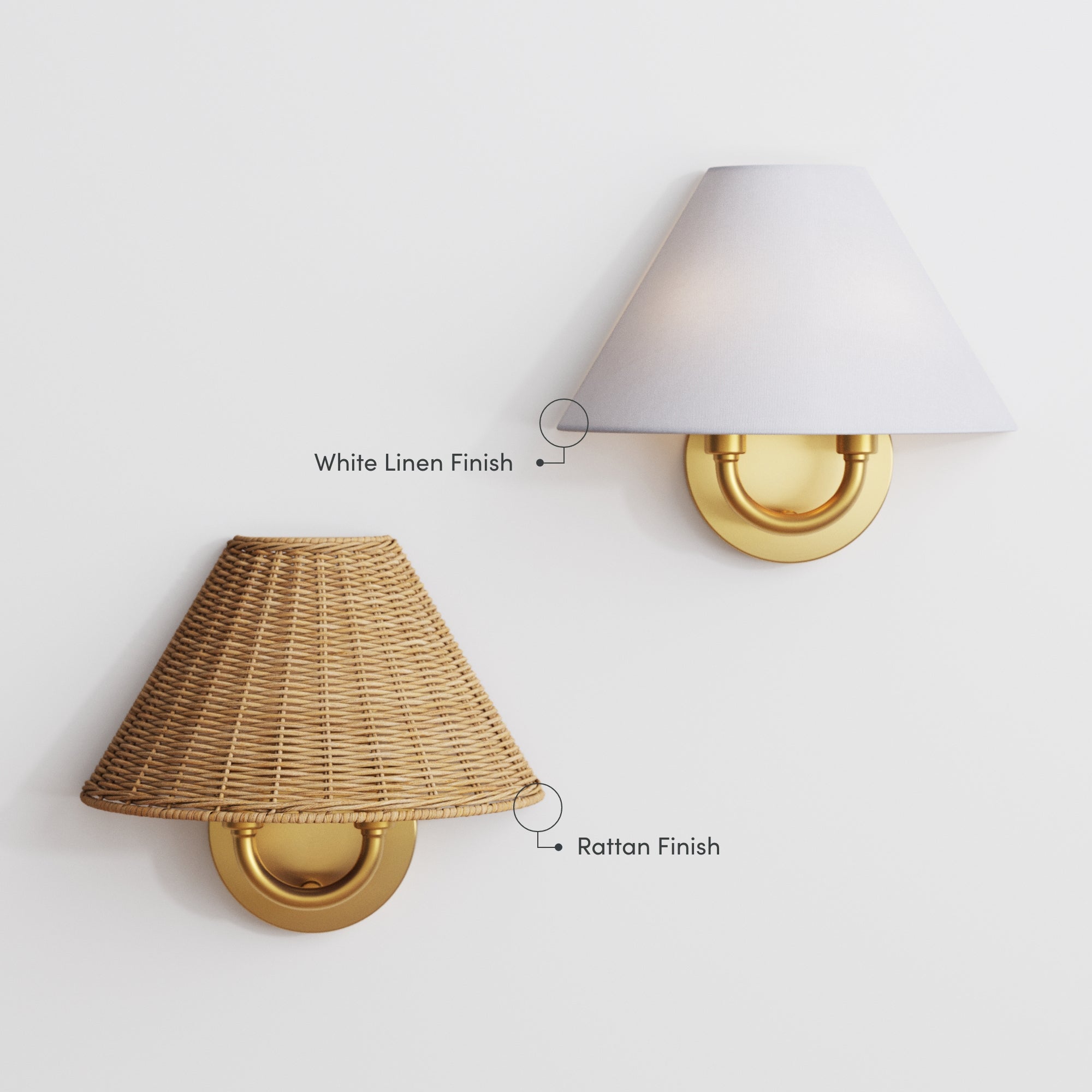 Two wall sconces with gold circular bases; the top has a white linen lampshade, and the bottom has a woven rattan lampshade. Labels indicate White Linen Finish and Rattan Finish respectively.