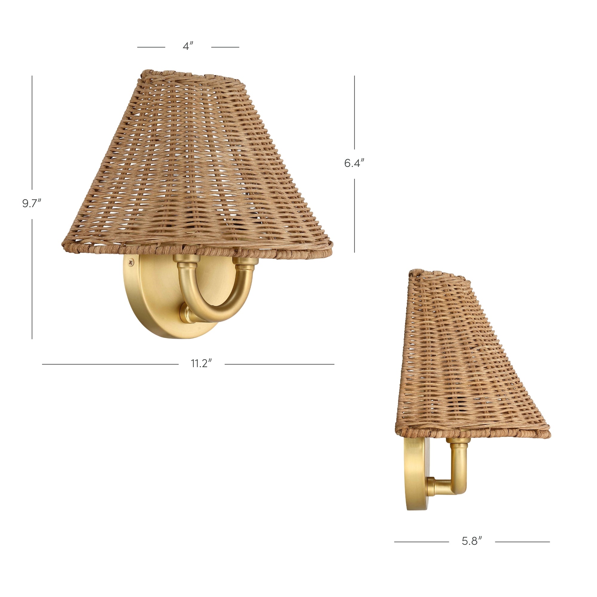 A brass wall sconce with a woven wicker shade, shown from the front and side. Dimensions are labeled: 9.7 tall, 11.2 wide, 6.4 deep, shade is 4 across the top and 5.8 deep from the wall.
