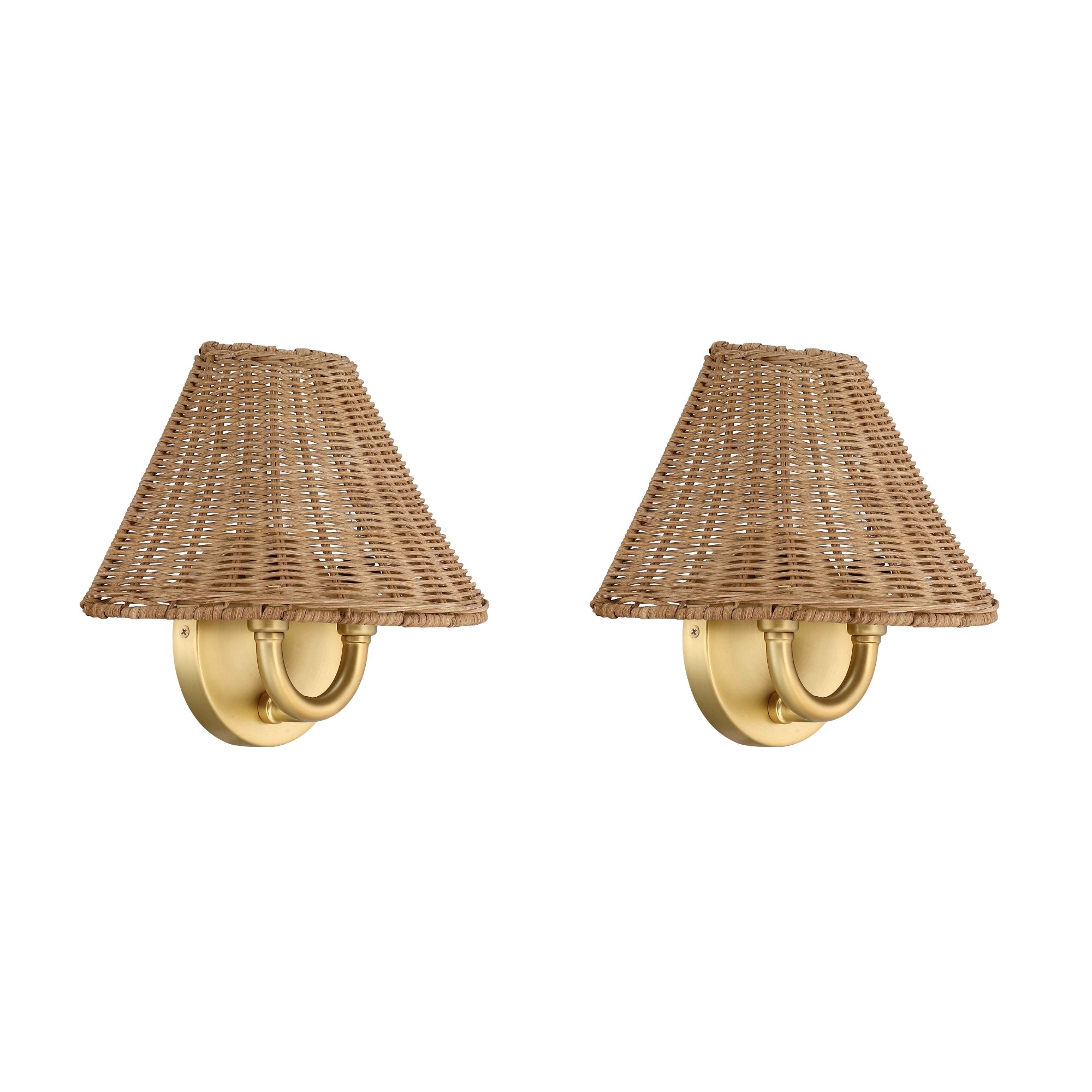 Two wall sconces with brass bases and cone-shaped woven wicker shades, displayed against a white background.