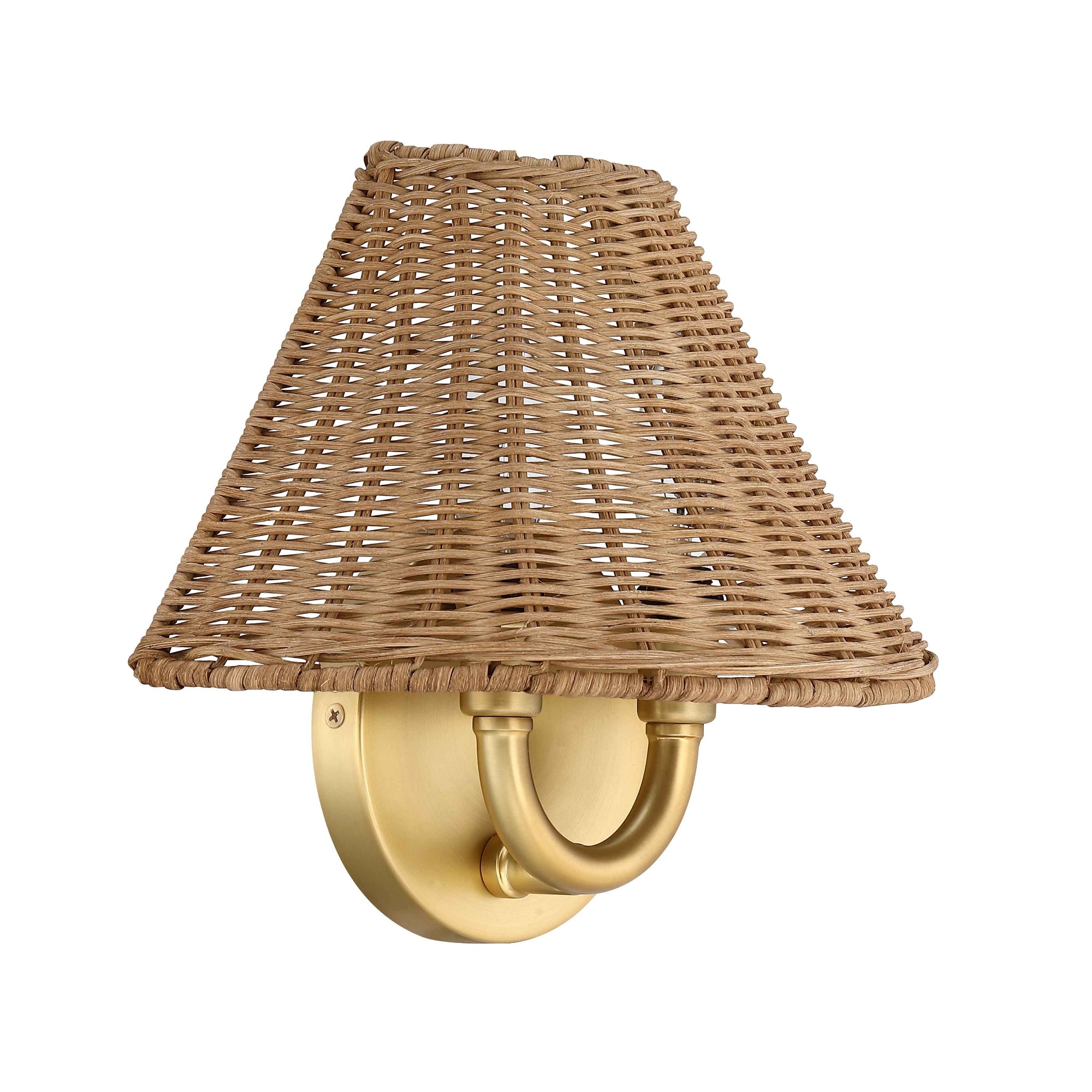 A wall-mounted sconce with a round brass base and a woven rattan lampshade in a conical shape. The light fixture features two curved arms connecting the base to the shade.