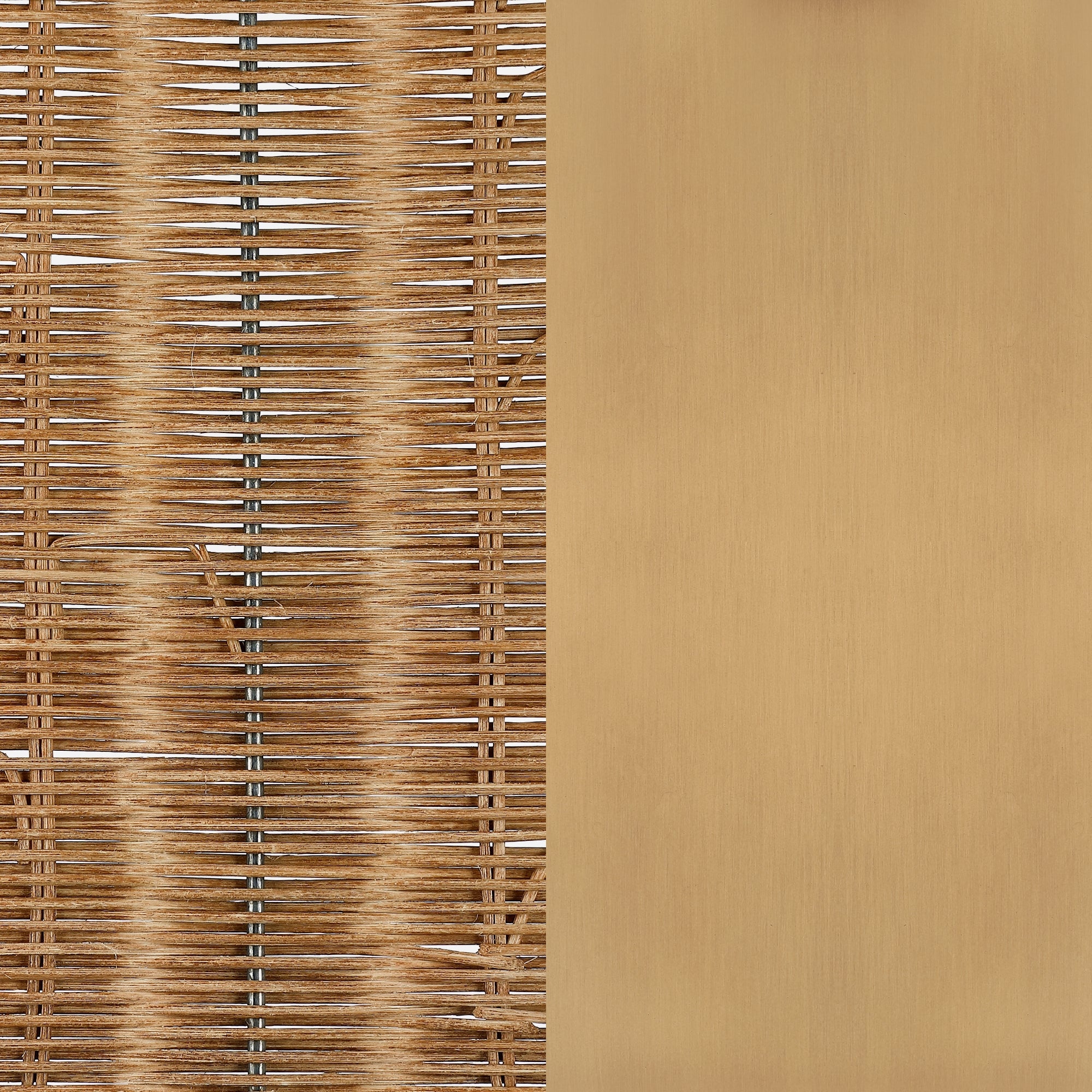 A close-up of woven wicker material in brown tones on the left side, next to a smooth, solid light brown wooden surface on the right.