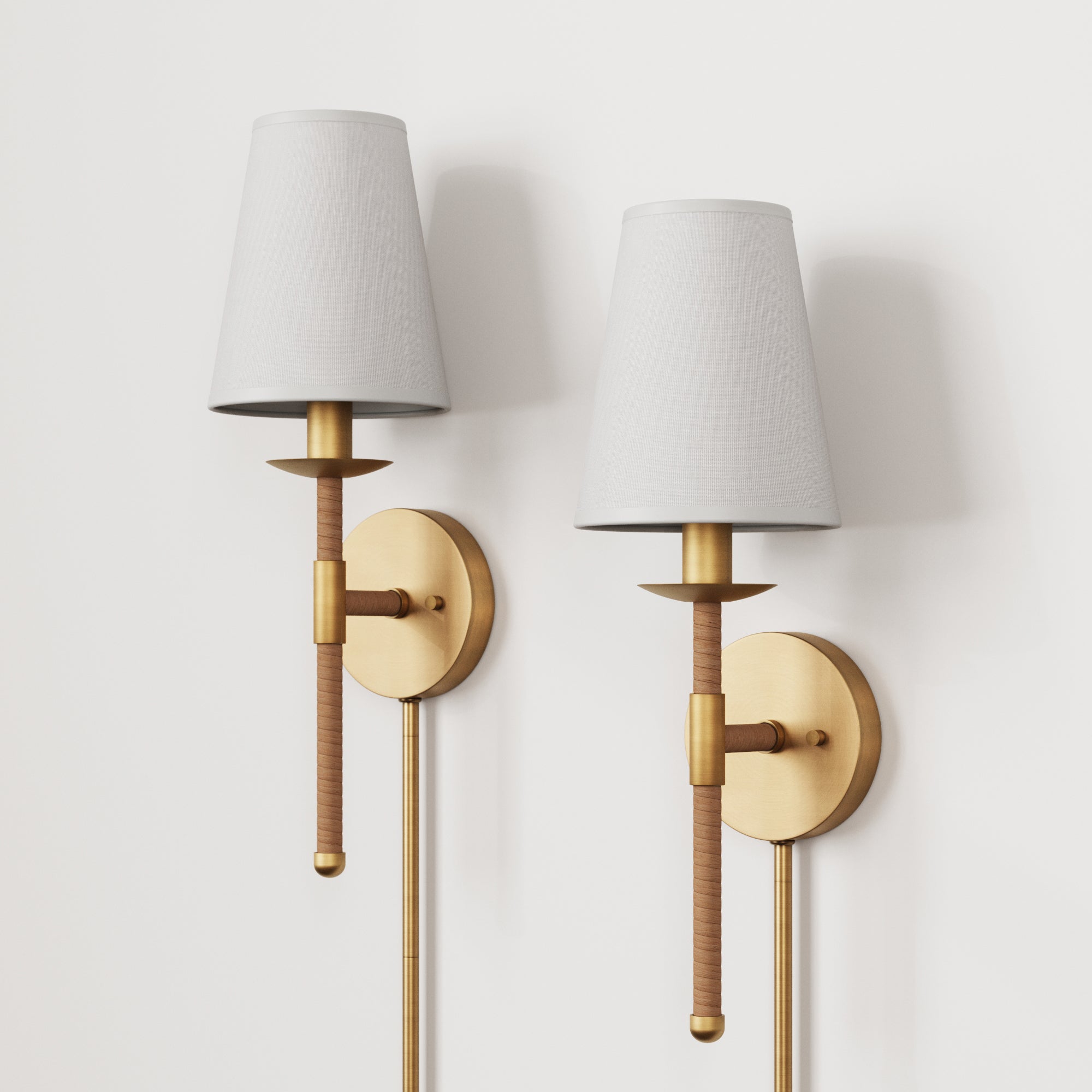 Coastal Vintage Brass Wall Sconce with Linen Shade, White (Set of 2)