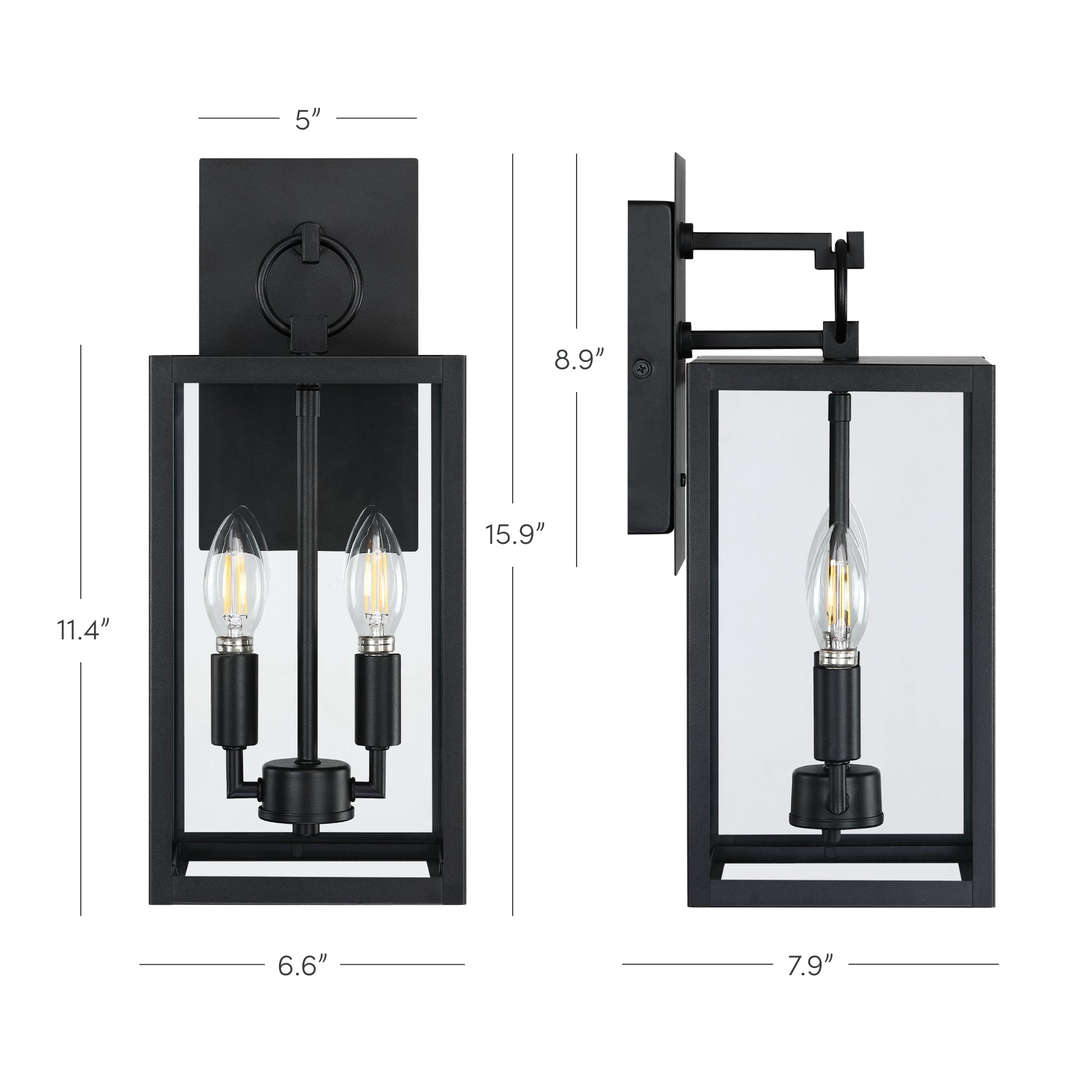Black rectangular outdoor wall lantern with clear glass panels, two candle-style LED bulbs, and dimensions labeled: 11.4-inch height, 6.6-inch width, 7.9-inch depth, 5-inch wall plate width, and 8.9-inch wall mount height.