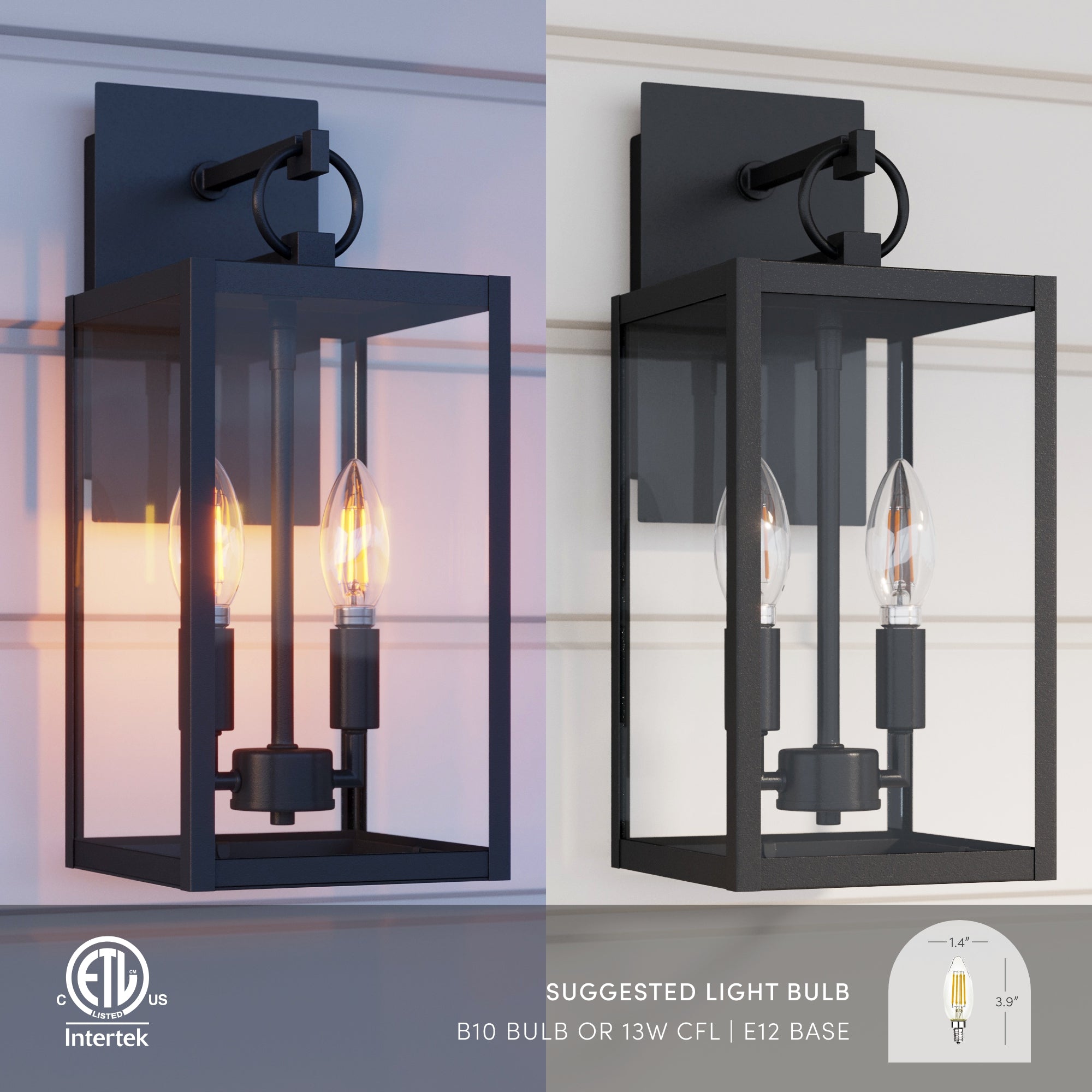 A modern black outdoor wall lantern with clear glass panels is mounted on an exterior wall. The lantern contains a candle-style bulb and has a rectangular frame. Suggested bulb type and certifications are shown at the bottom.