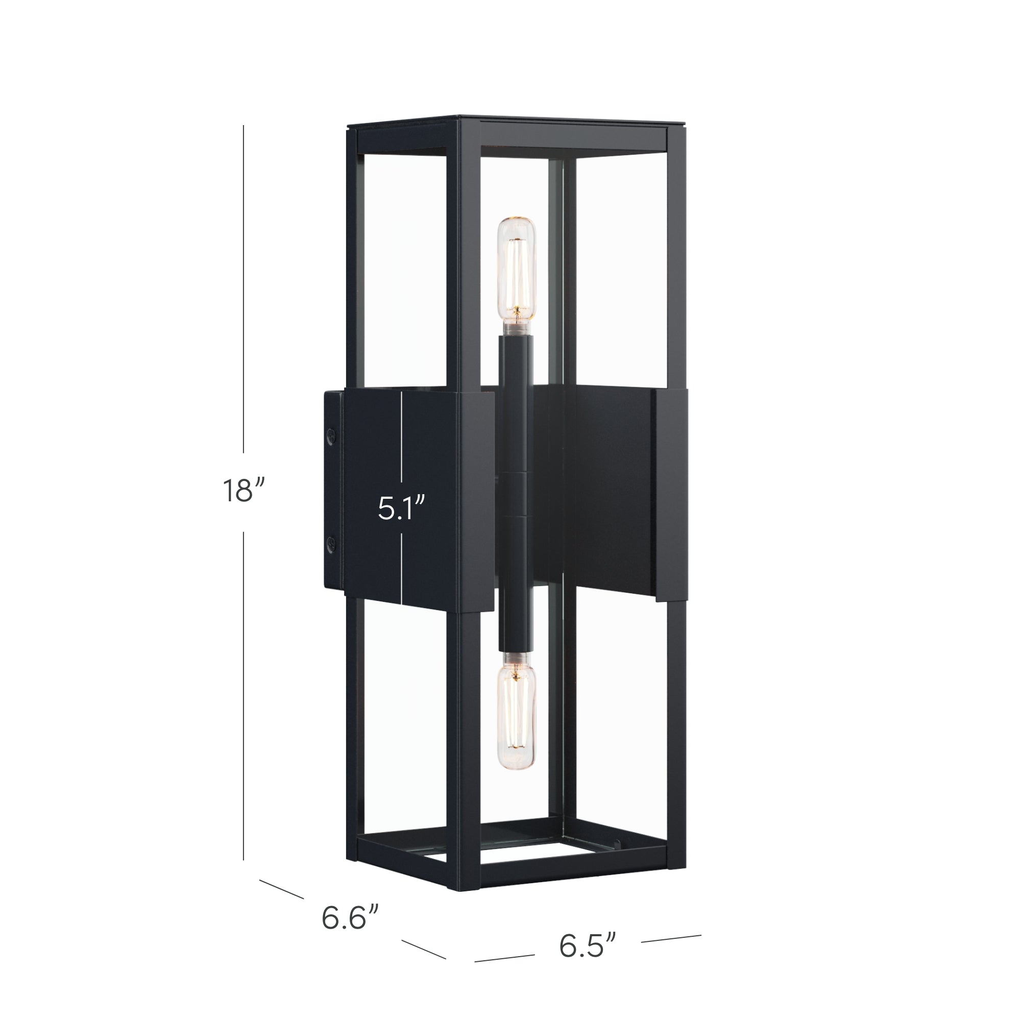 A modern black rectangular wall sconce with an open frame design, featuring two vertical exposed bulbs. Dimensions: 18 inches high, 6.6 inches wide, and 6.5 inches deep.