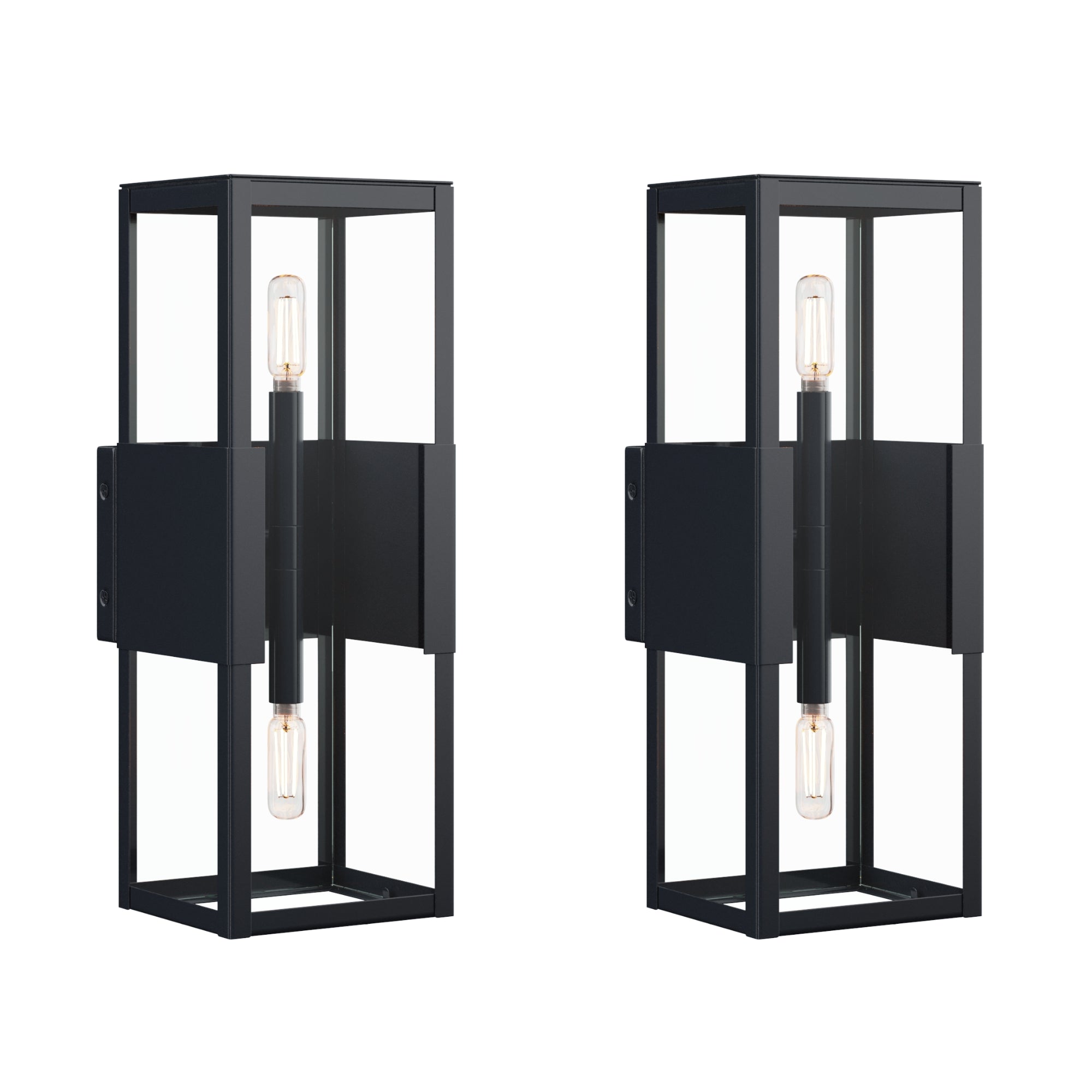 Two modern black rectangular wall sconces with exposed vertical light bulbs, featuring an open-frame design and minimalist style, are displayed side by side on a white background.