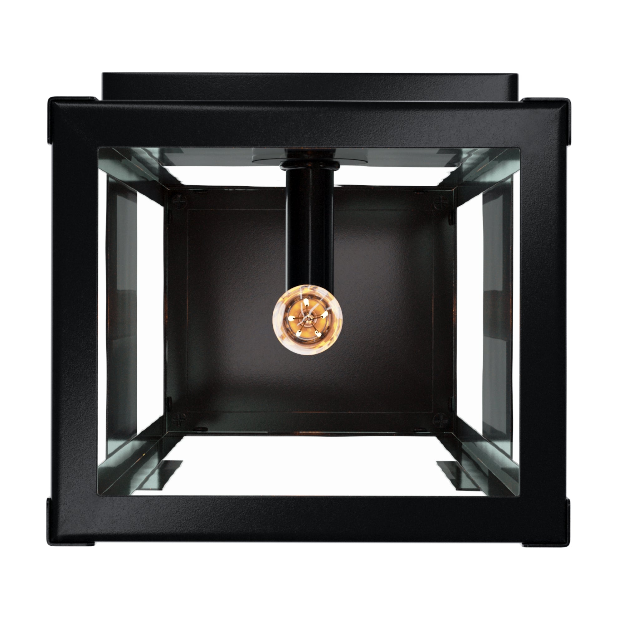 A square black metal ceiling light fixture with clear glass sides, viewed from below, showing a single exposed light bulb in the center.