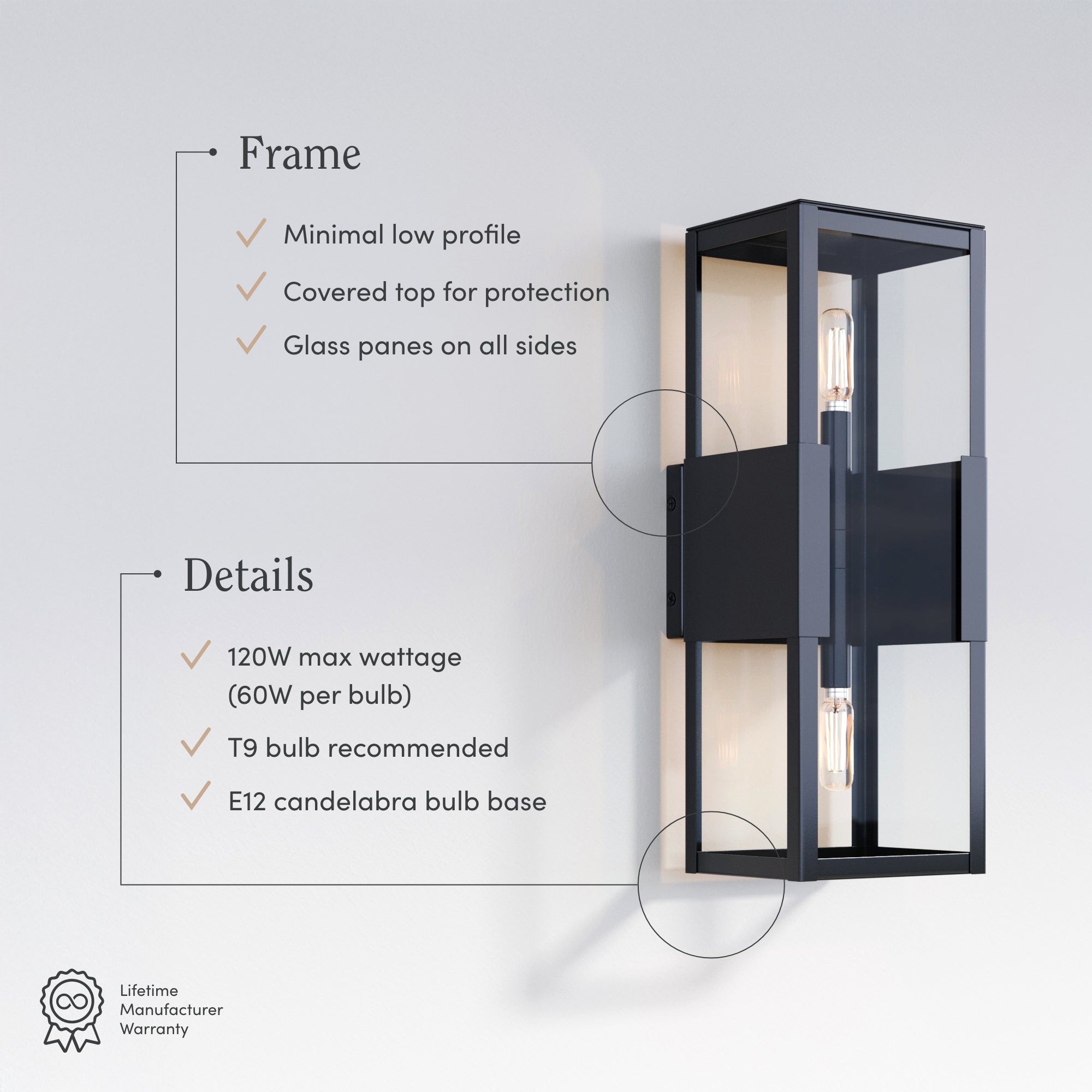 A modern, rectangular wall sconce with a black frame, glass panes on all sides, and two vertical light bulbs. Text lists features: minimal low profile, covered top, 120W max, T9 bulb recommended, E12 base.