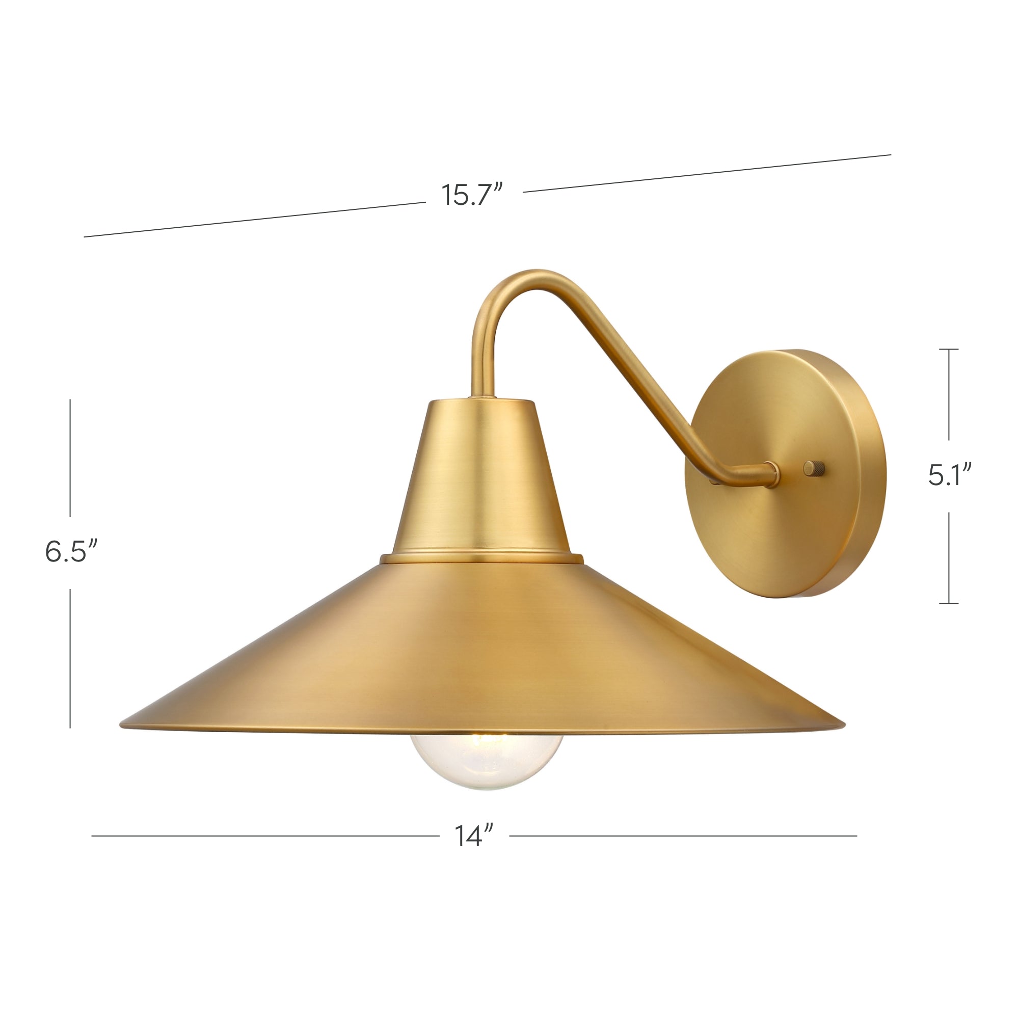 A brass wall sconce with a wide, cone-shaped shade, visible bulb, and round wall mount. Dimensions: 15.7 wide, 6.5 high, 5.1 wall mount, 14 shade diameter. Minimalist, modern design.