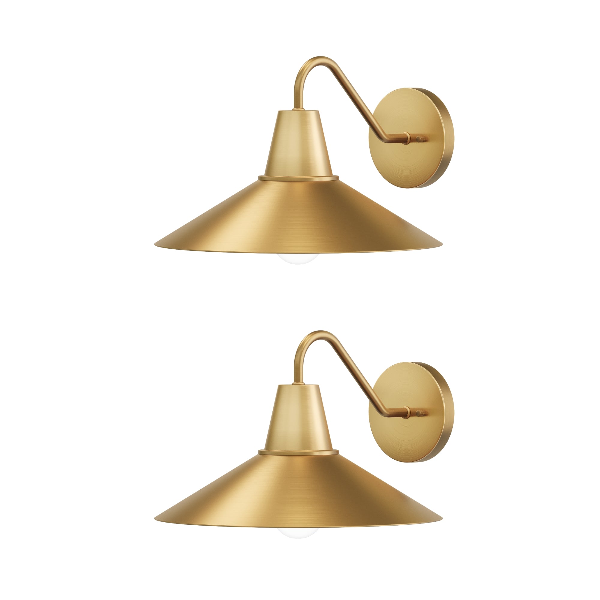 Two modern gold wall sconces with wide, conical shades and round backplates, mounted side by side against a white background.