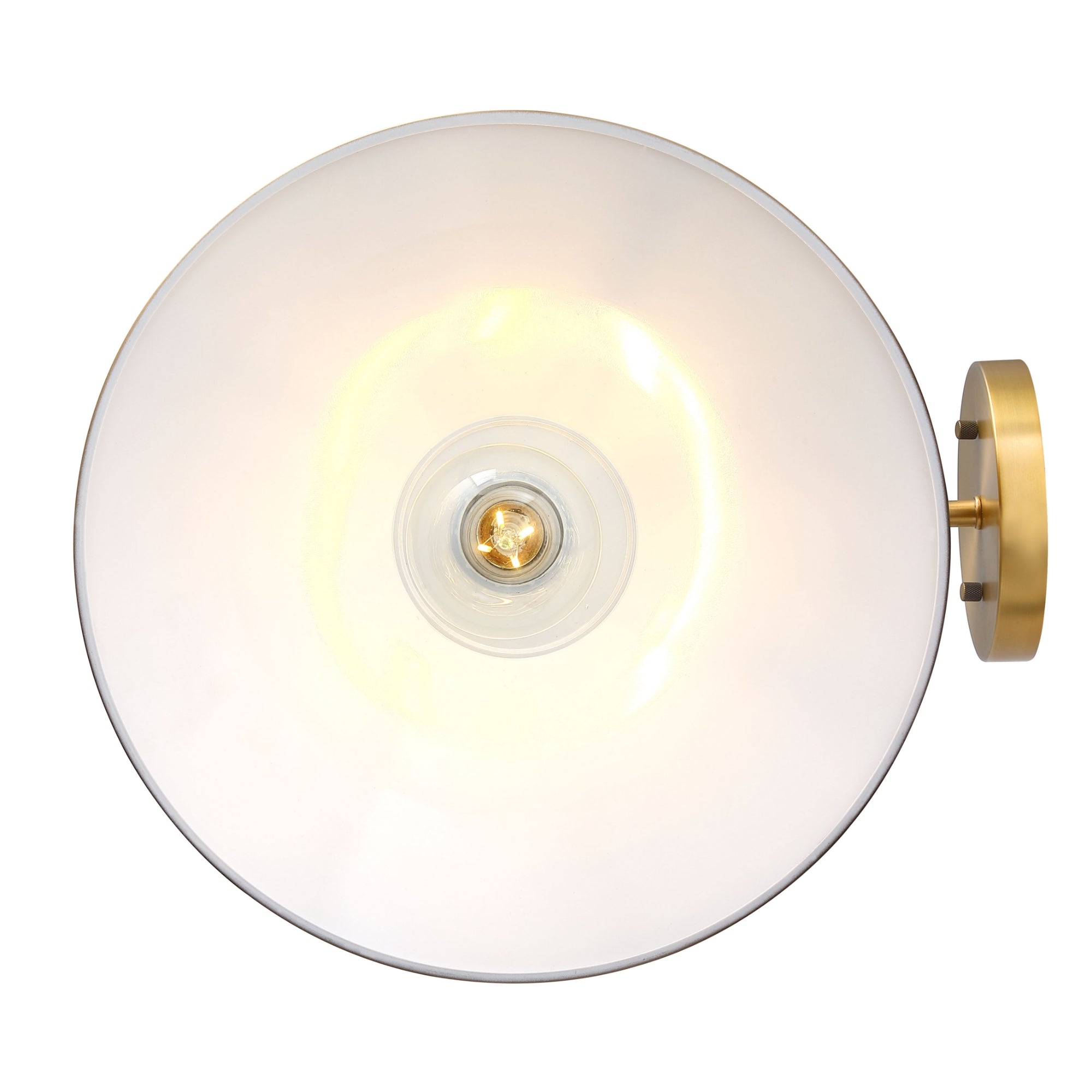 A modern wall sconce with a round, transparent glass shade and a brass base, viewed from the front with the light bulb illuminated at the center.