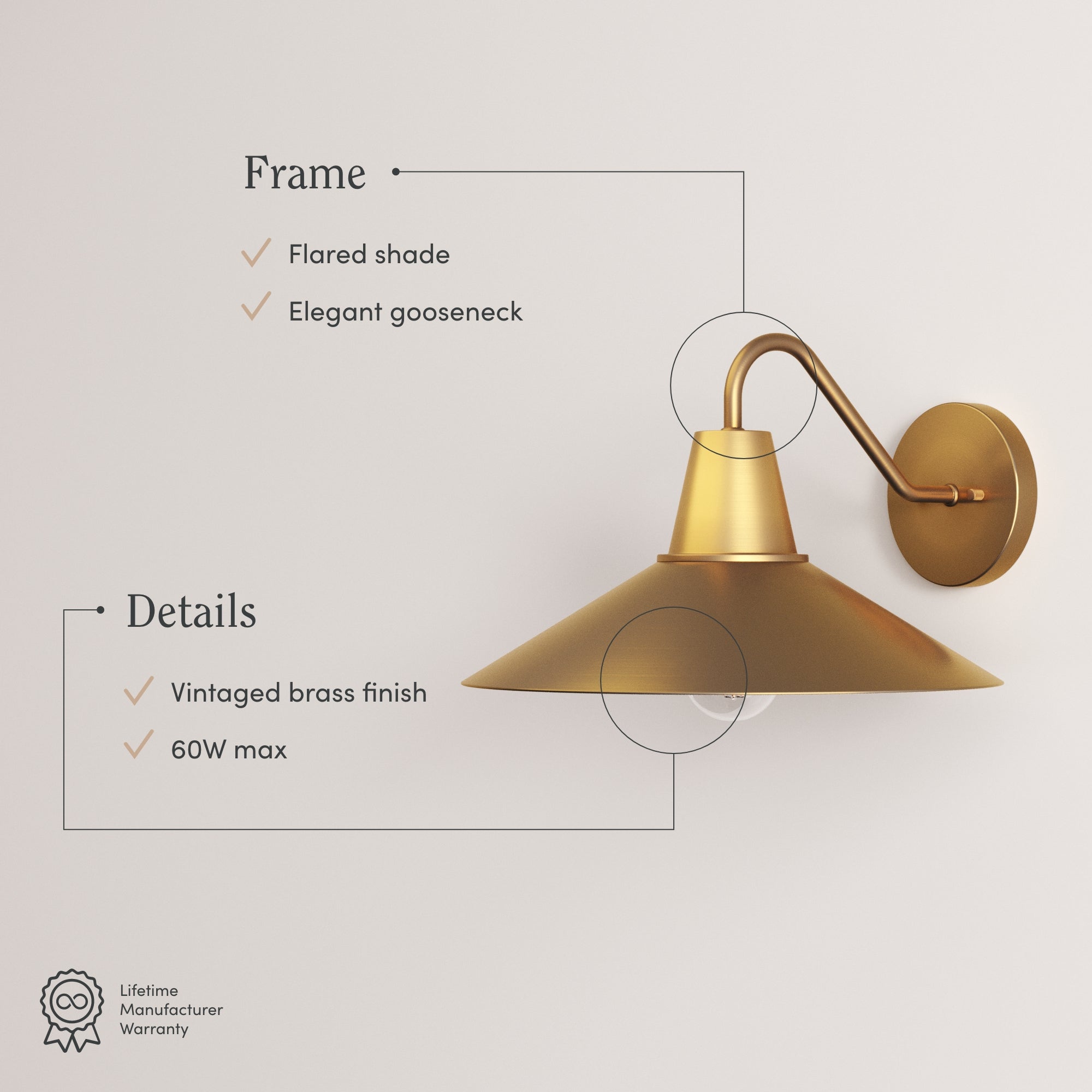 Brass wall sconce with a flared shade and gooseneck arm, featuring a vintage brass finish; labeled details include lifetime warranty and 60W max bulb capacity.