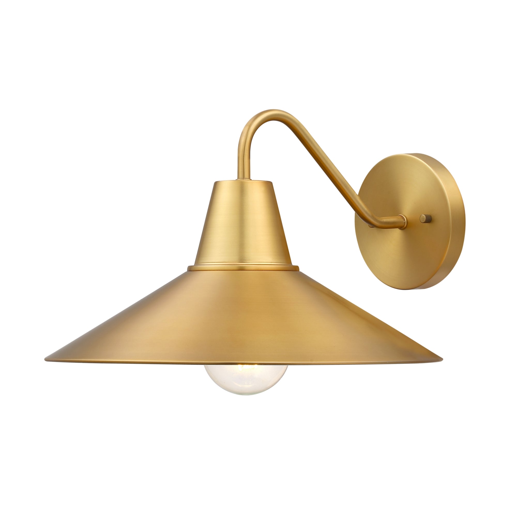 Gold wall sconce with a wide, cone-shaped shade, exposed bulb, and curved arm attached to a round wall plate, designed in a modern minimalist style.