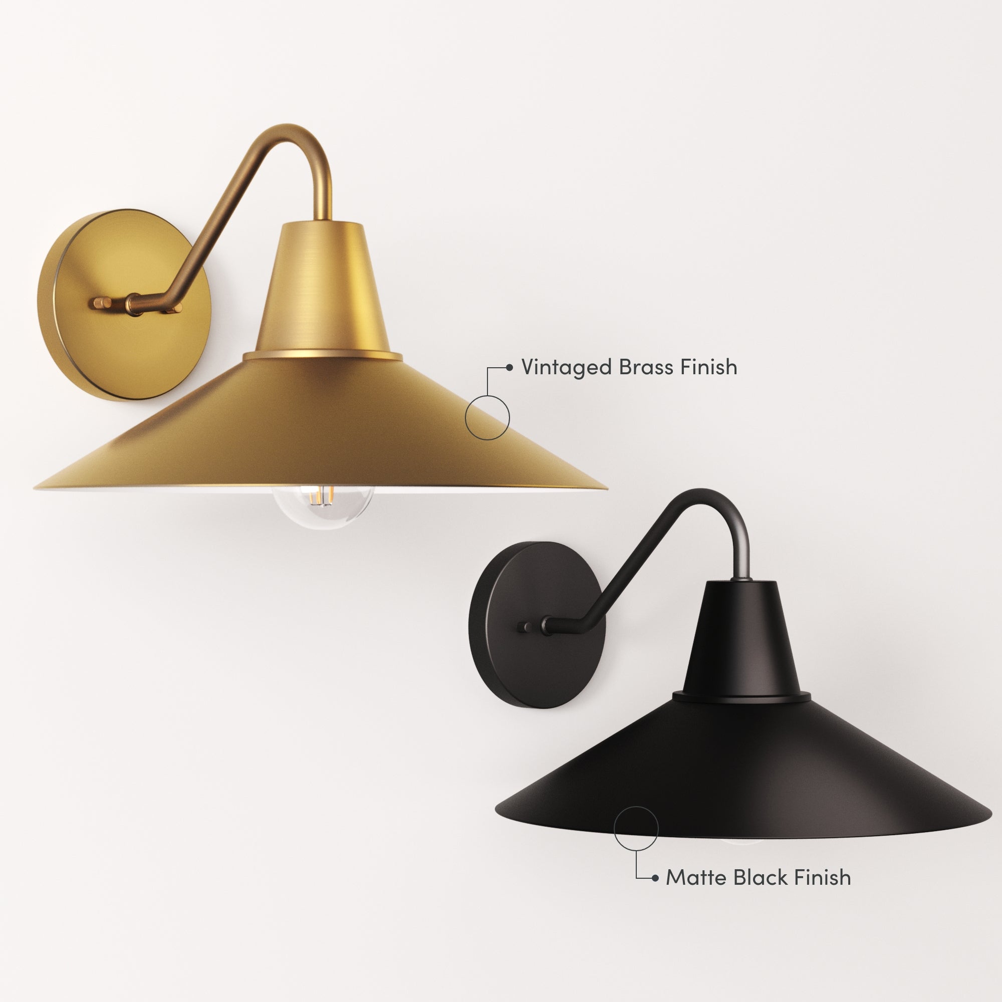 Two wall-mounted cone-shaped lamps, one with a vintaged brass finish and one with a matte black finish, are displayed side by side on a white background. Labels indicate each lamp’s finish.