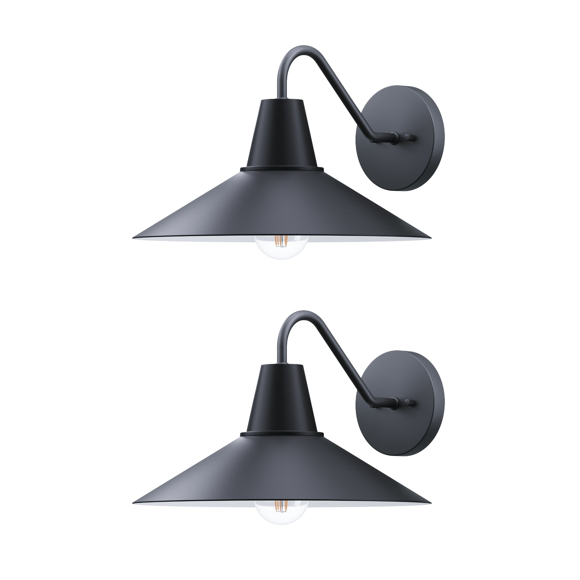 Two modern black metal wall sconces with wide, conical shades and exposed bulbs are mounted on round backplates against a white background.