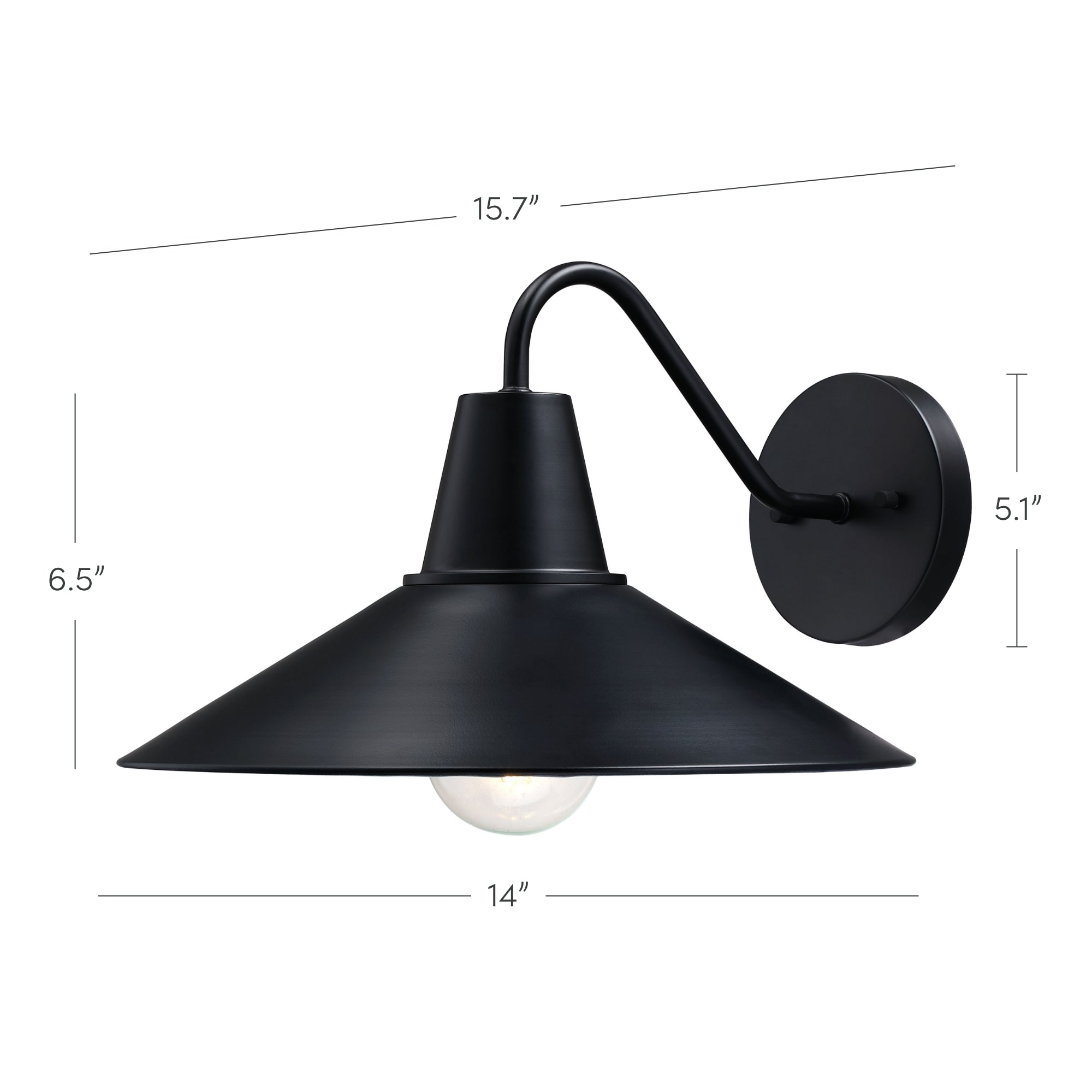 Black wall-mounted sconce light fixture with a wide, cone-shaped shade, exposed bulb, curved arm, and circular base. Dimensions shown: 15.7 width, 14 shade diameter, 6.5 height, 5.1 base diameter.