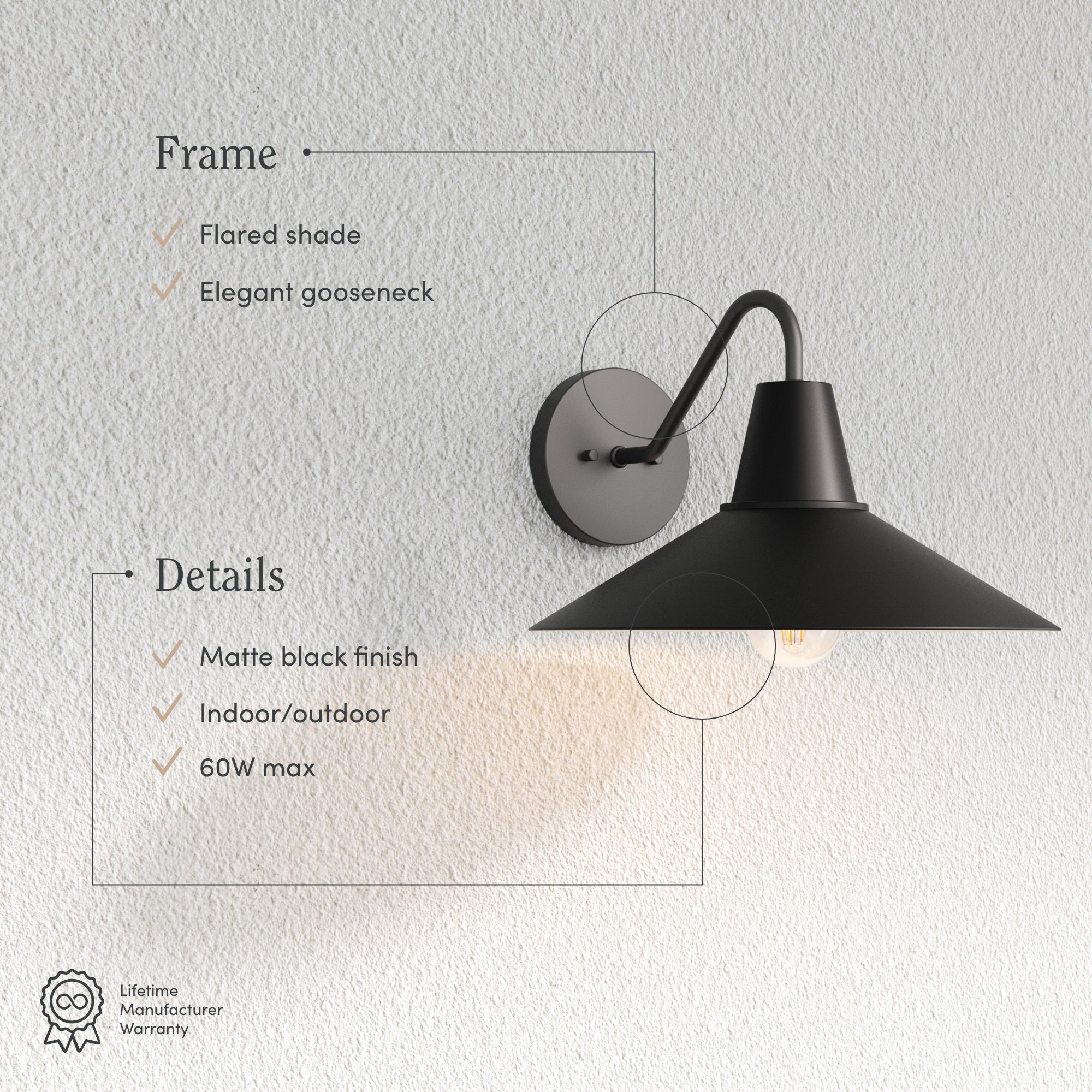 Wall-mounted black gooseneck lamp with a flared shade on a textured white wall. Text highlights: flared shade, elegant gooseneck, matte black finish, indoor/outdoor use, 60W max, and a lifetime warranty icon.