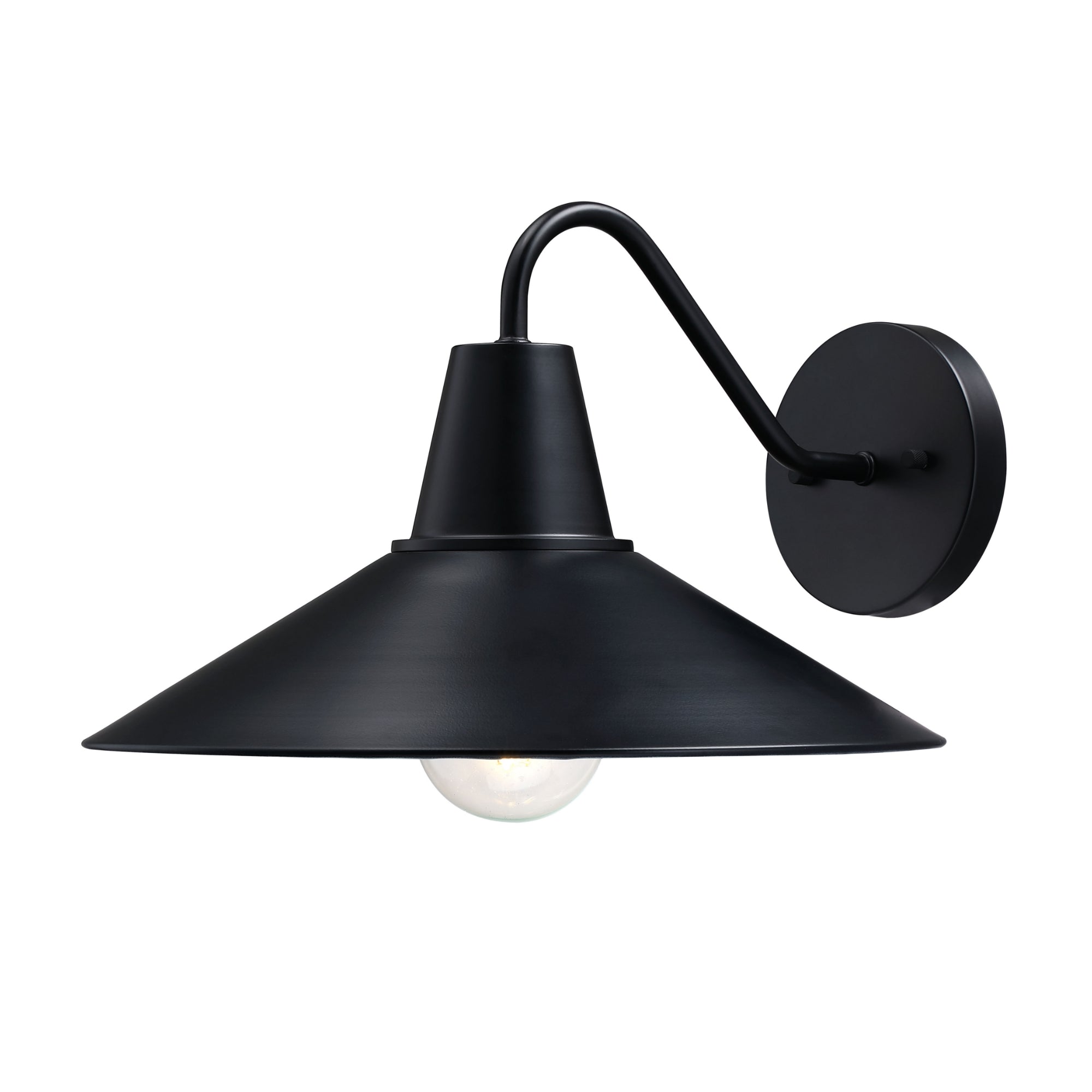 Black metal wall-mounted lamp with a wide, conical shade and a visible light bulb, attached to a round wall plate by a curved arm.