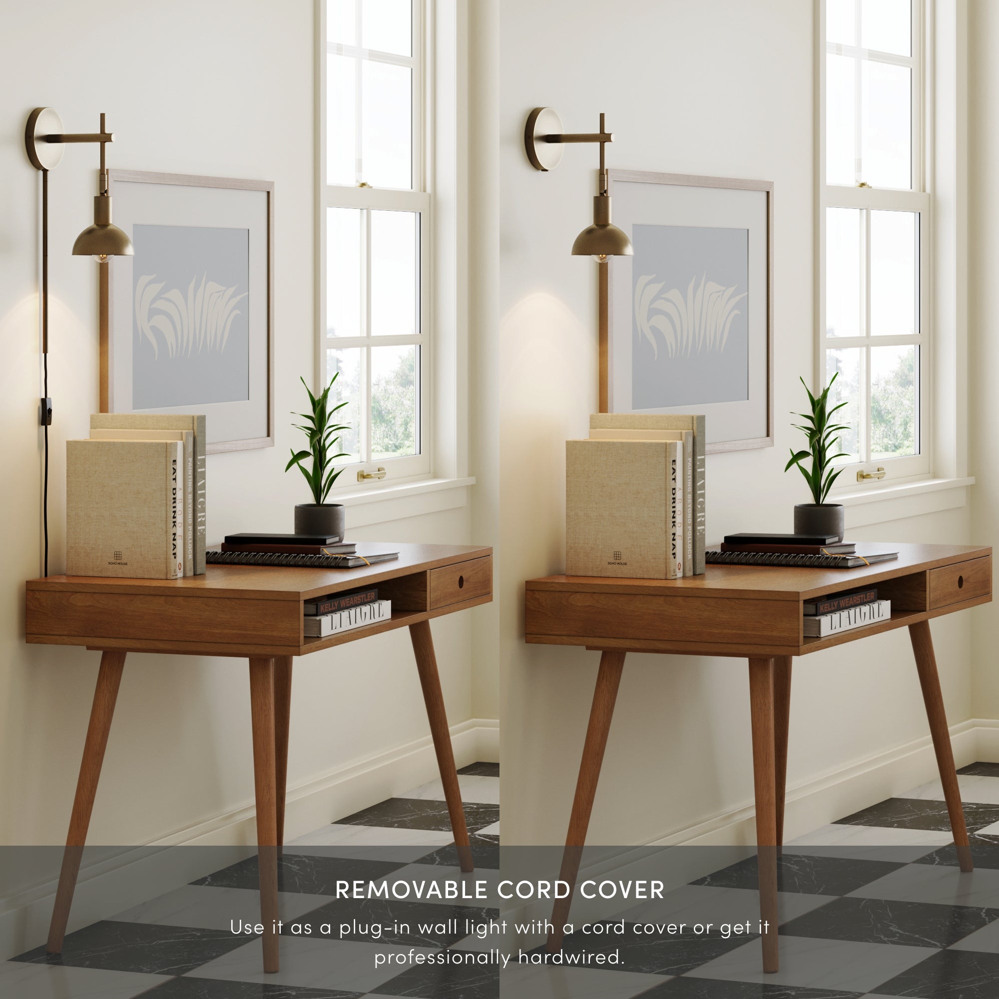 A modern wooden desk with books, a plant, and a wall lamp is shown next to a window. The left side displays a visible cord, while the right side shows the cord covered for a tidy look. Text at the bottom describes the removable cord cover.