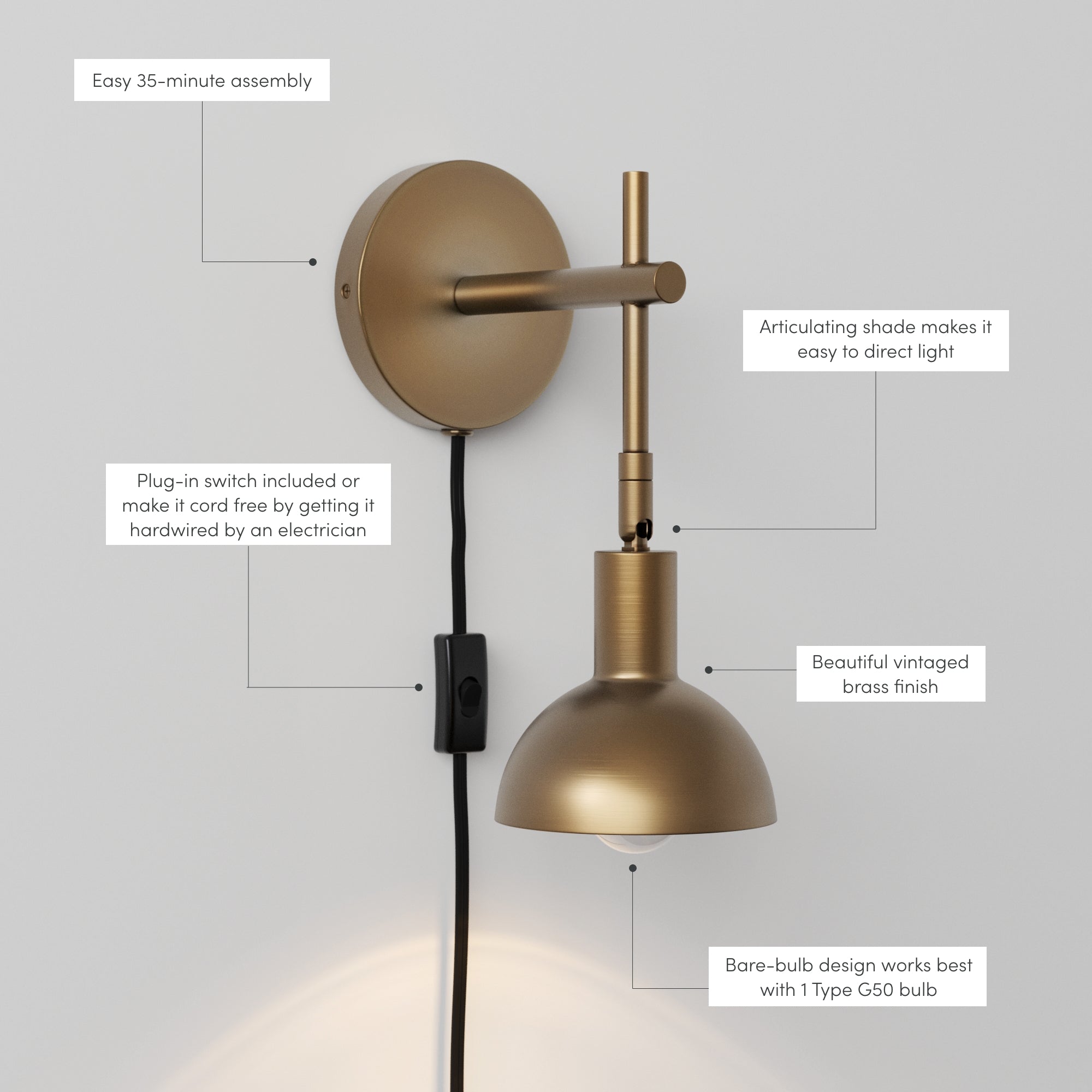 Wall-mounted vintage brass sconce with plug-in cord. Labeled features: easy 35-minute assembly, articulating shade for direct light, plug-in or hardwired option, beautiful brass finish, best with 1 Type G50 bulb.