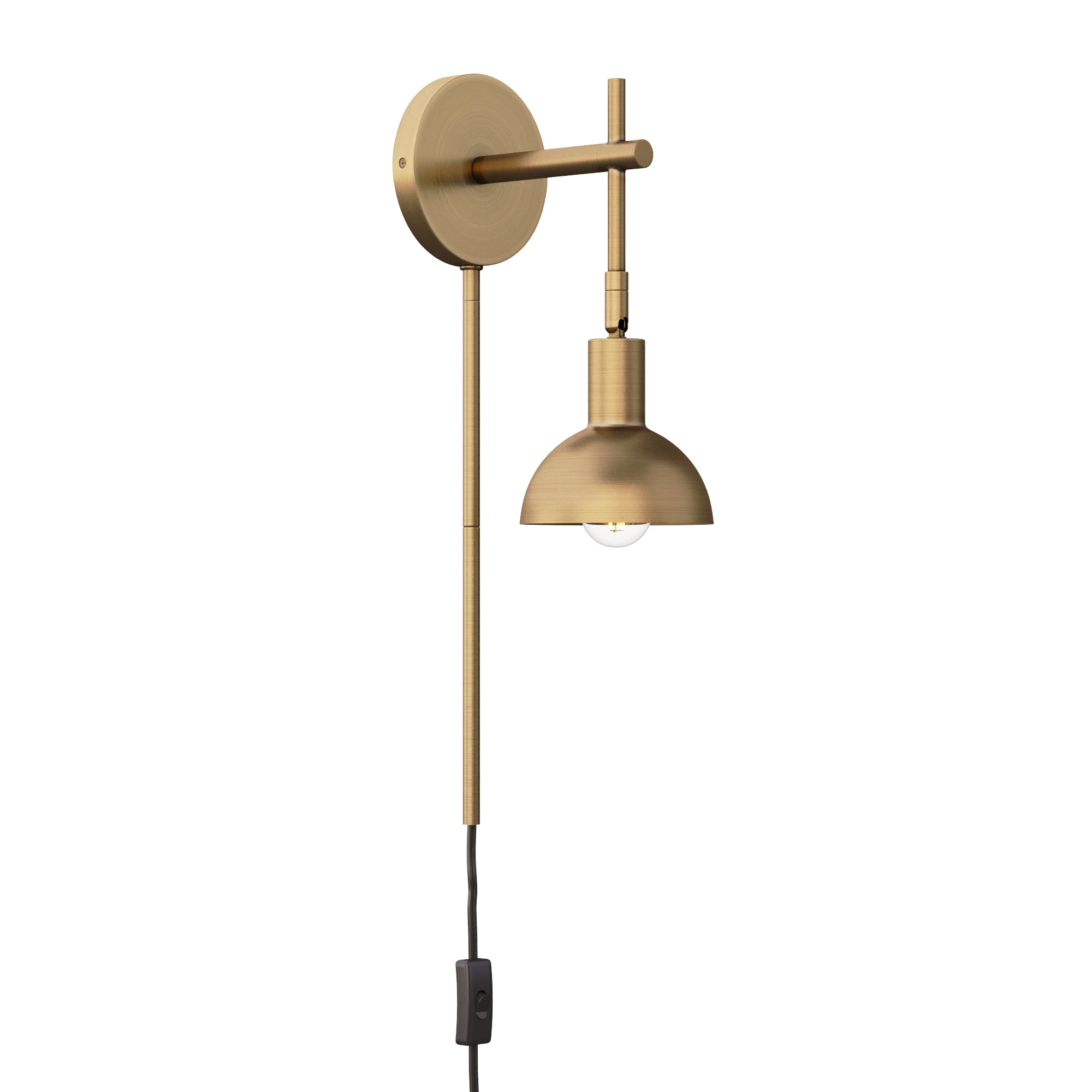 A modern brass wall sconce with a round backplate, straight arm, dome-shaped shade, and a visible black cord hanging down with an inline switch.