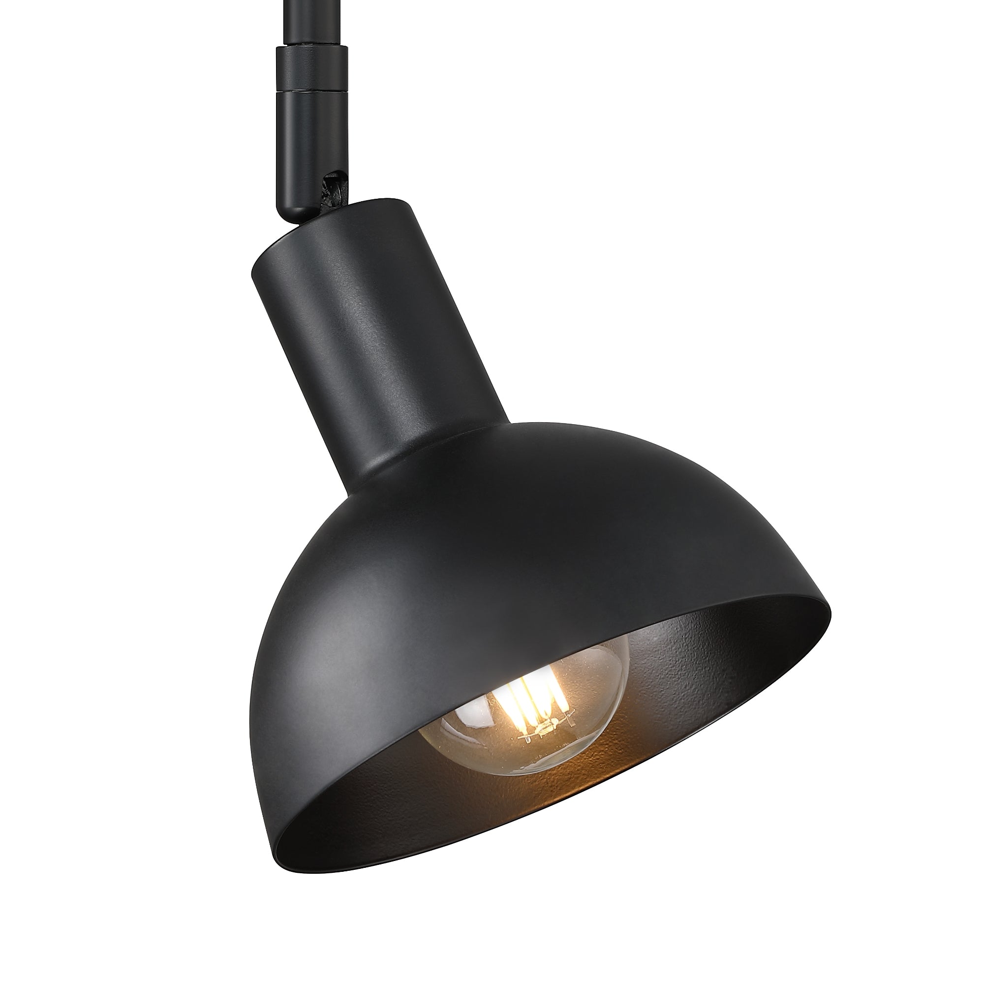 A modern black pendant lamp with a dome-shaped shade, hanging from a black cord, and an exposed glowing light bulb inside.