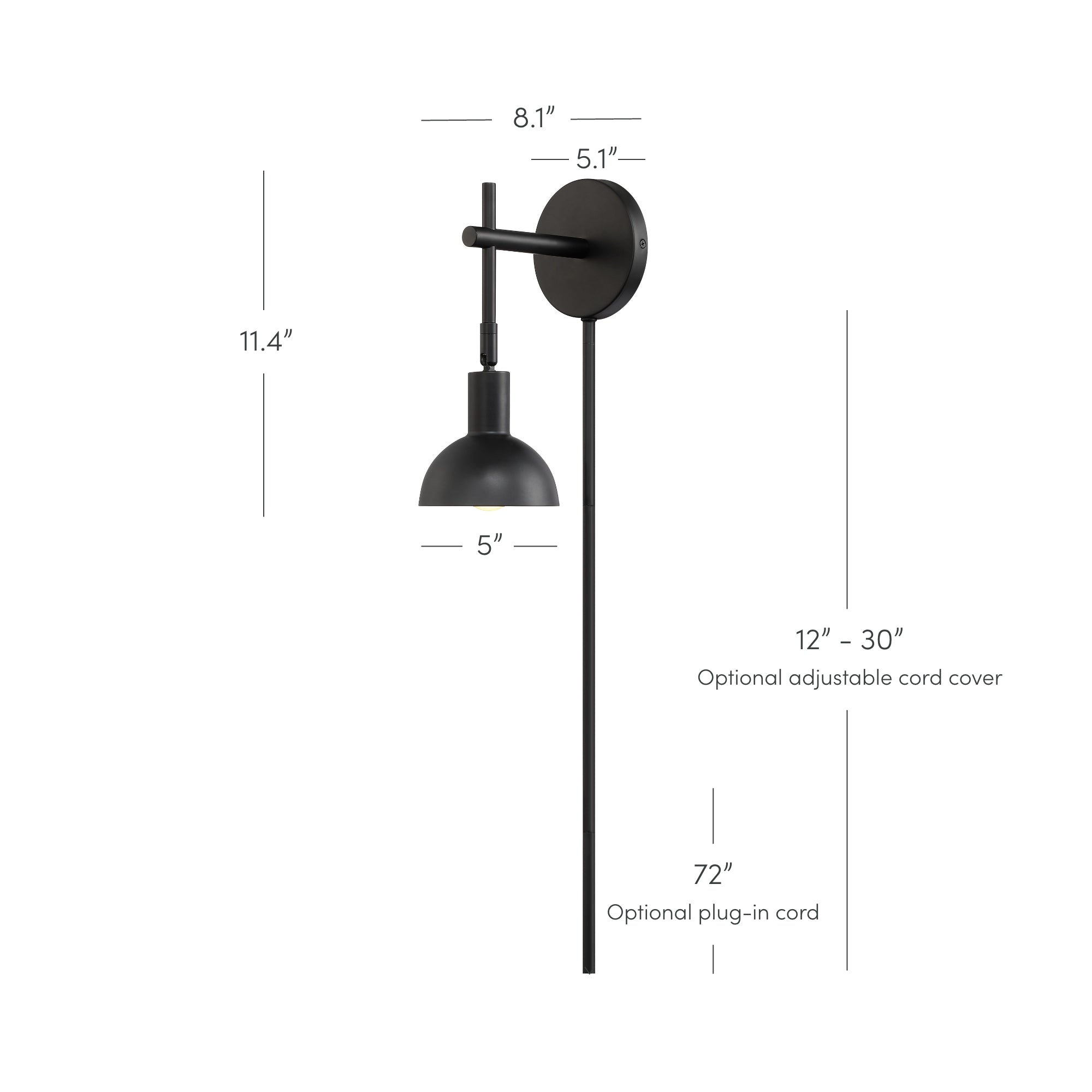 Black wall-mounted sconce lamp with dome shade; labeled dimensions: 11.4 high, 8.1 wide, 5 shade diameter, 5.1 wall plate; optional 12–30 cord cover and 72 plug-in cord shown.