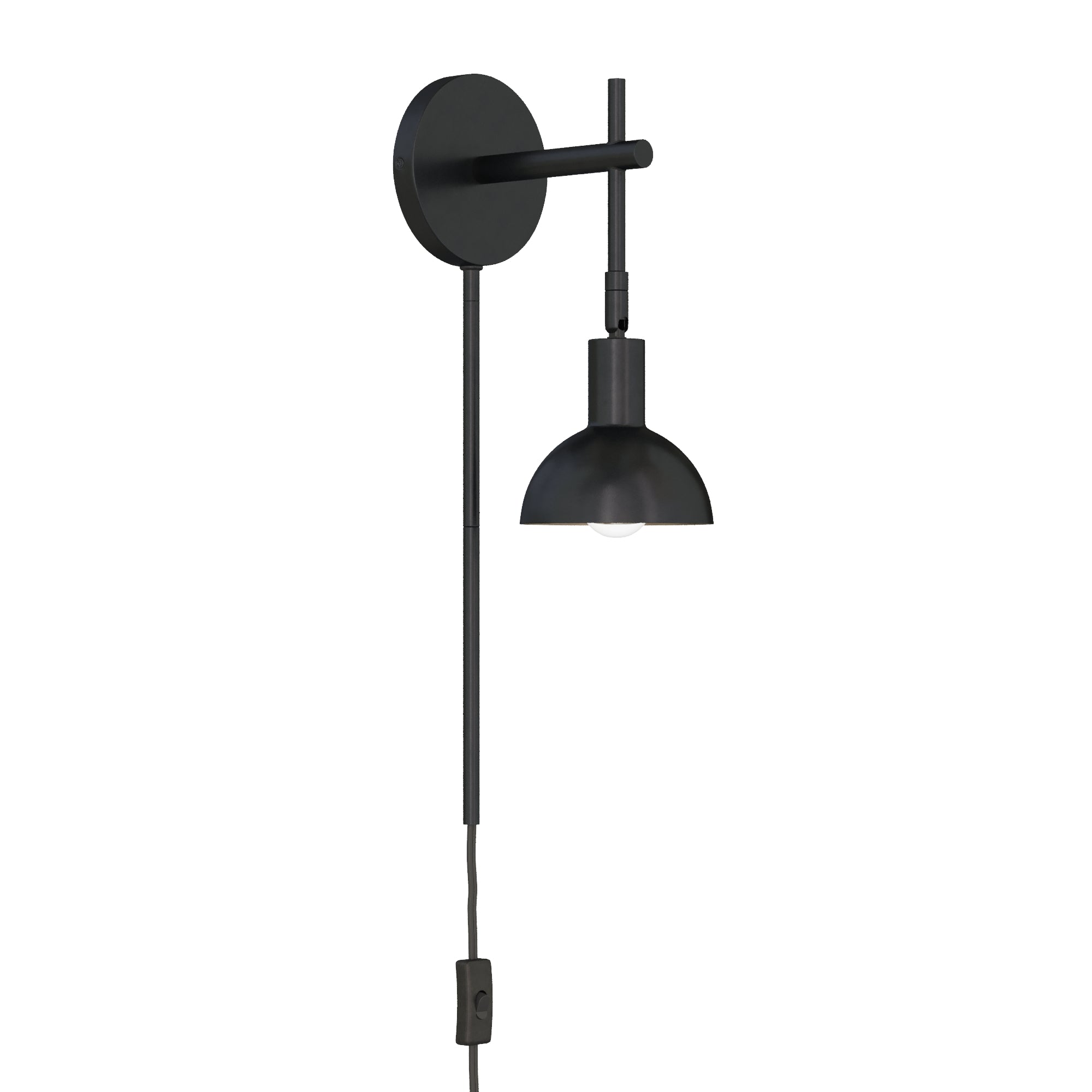 A black modern wall sconce with a round base, a horizontal arm, and a dome-shaped downward-facing shade. A cord with an inline switch hangs from the fixture.