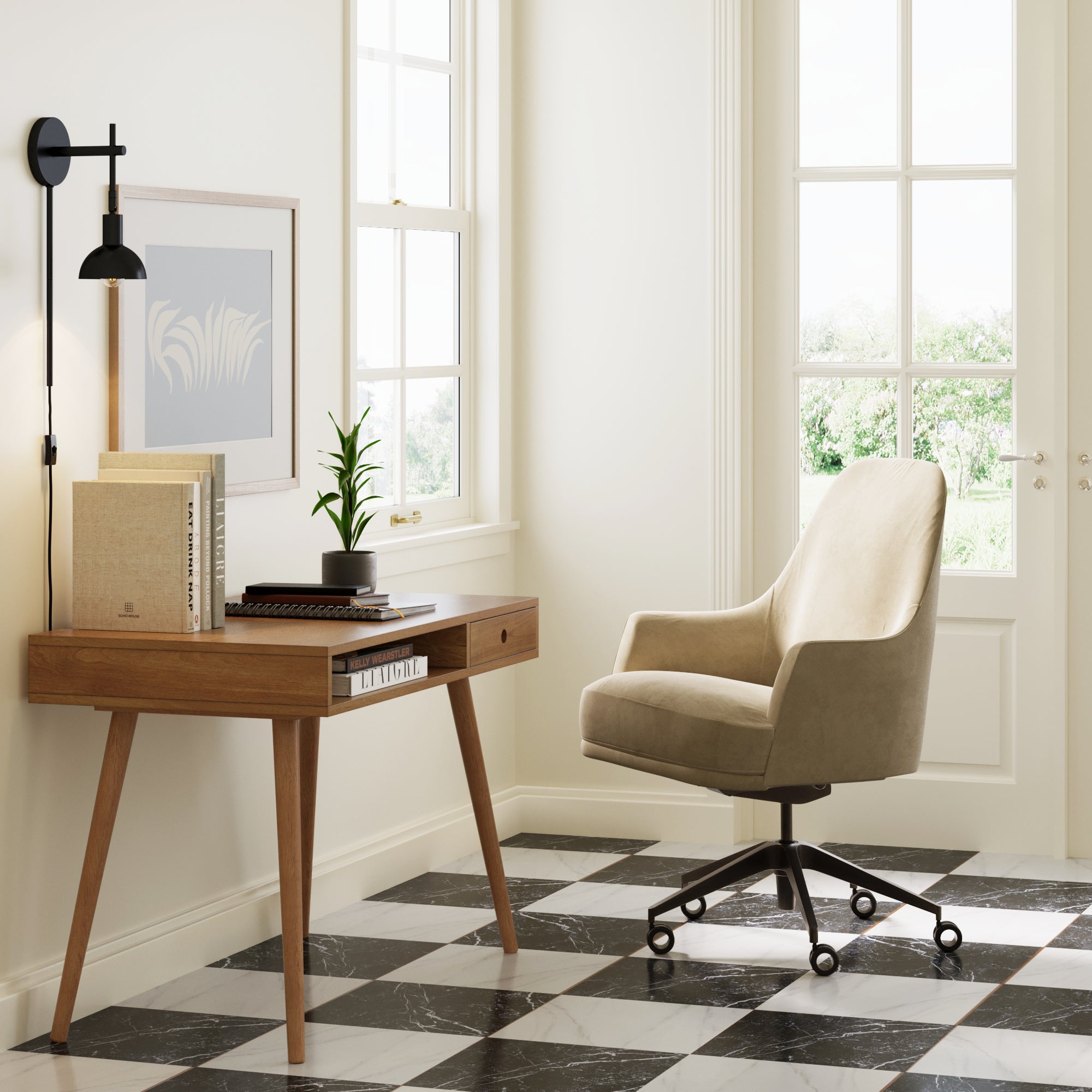 A modern home office with a wooden desk, books, a potted plant, and a beige swivel chair on black-and-white checkered floor, next to large windows letting in natural light.
