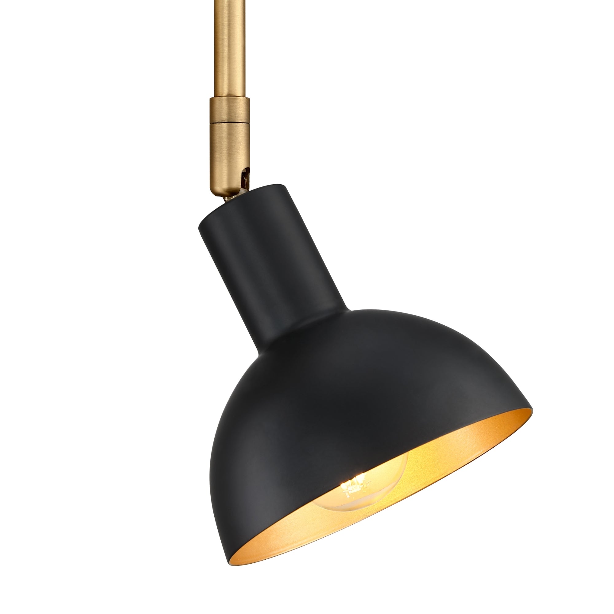 A modern pendant light with a black, dome-shaped metal shade, gold inner lining, and a brass-colored rod, against a white background.