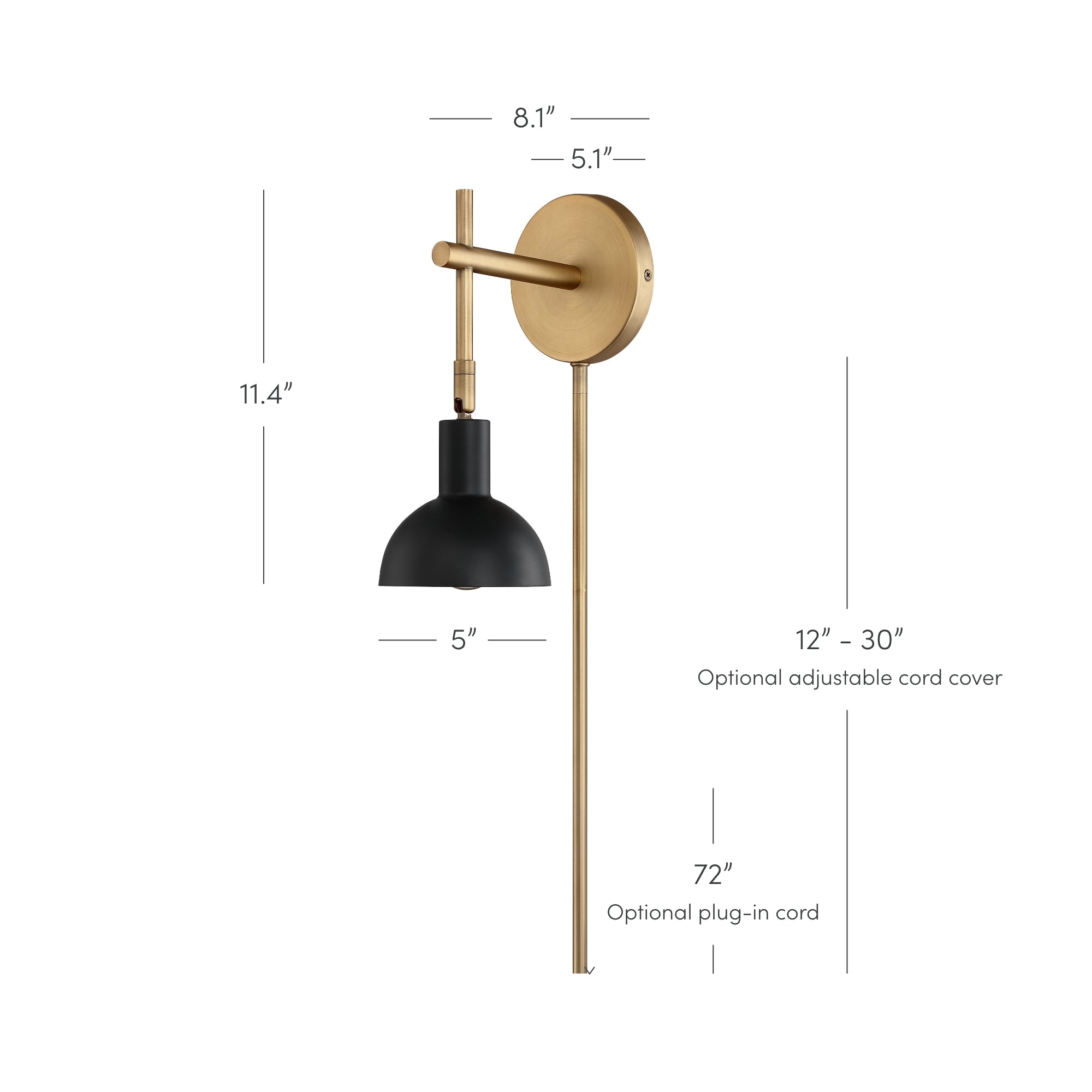 Brass wall sconce with black shade, dimensions labeled: 11.4 tall, shade 5 wide, 8.1 arm length, 5.1 wall plate diameter. Includes optional 12–30 cord cover and 72 plug-in cord.