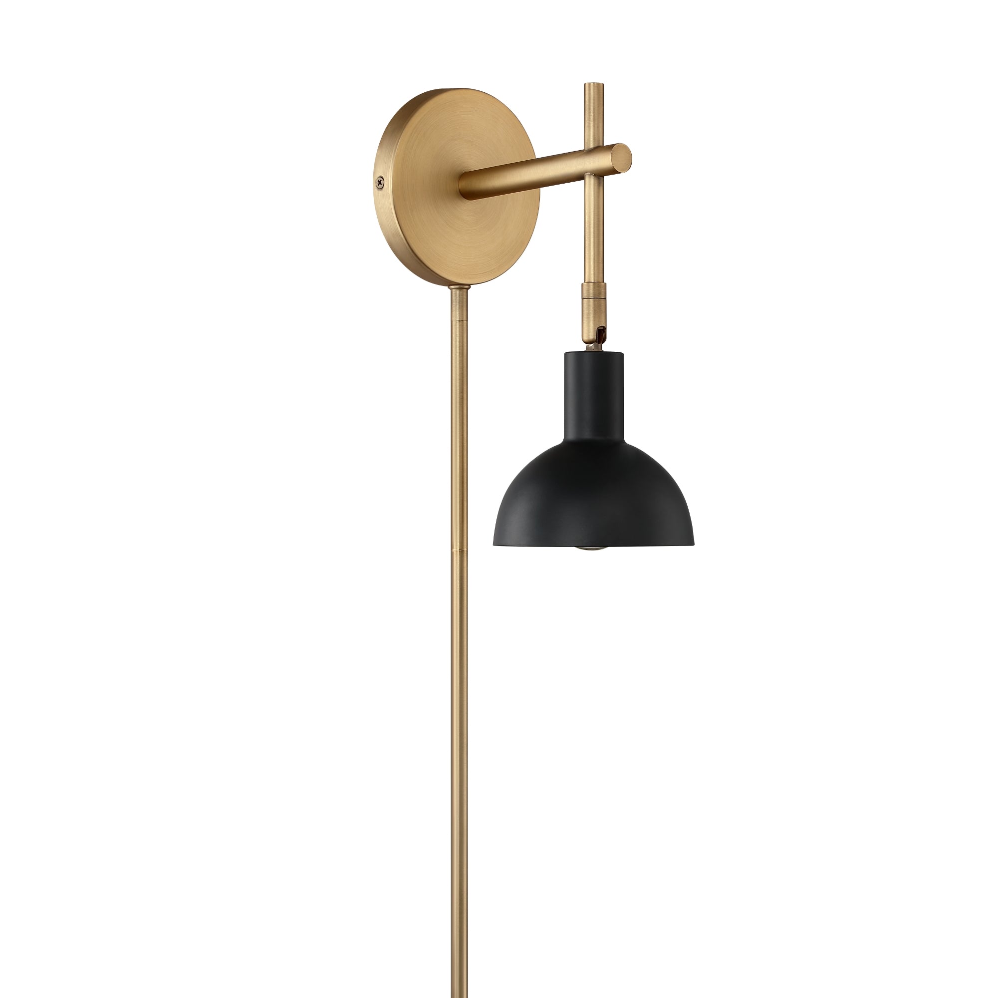 A modern wall-mounted lamp with a brushed brass fixture and a black metal shade, featuring a vertical rod and adjustable arm for positioning the light.