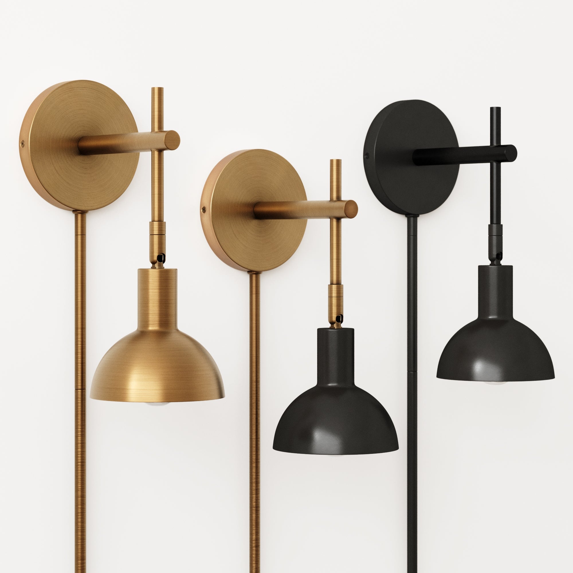 Four modern, renter-friendly Nathan James Plug-In Adjustable Metal Wall Lights are shown, featuring two in brushed brass and two in matte black. Each has a round wall plate and a cone shade suspended from a straight arm.