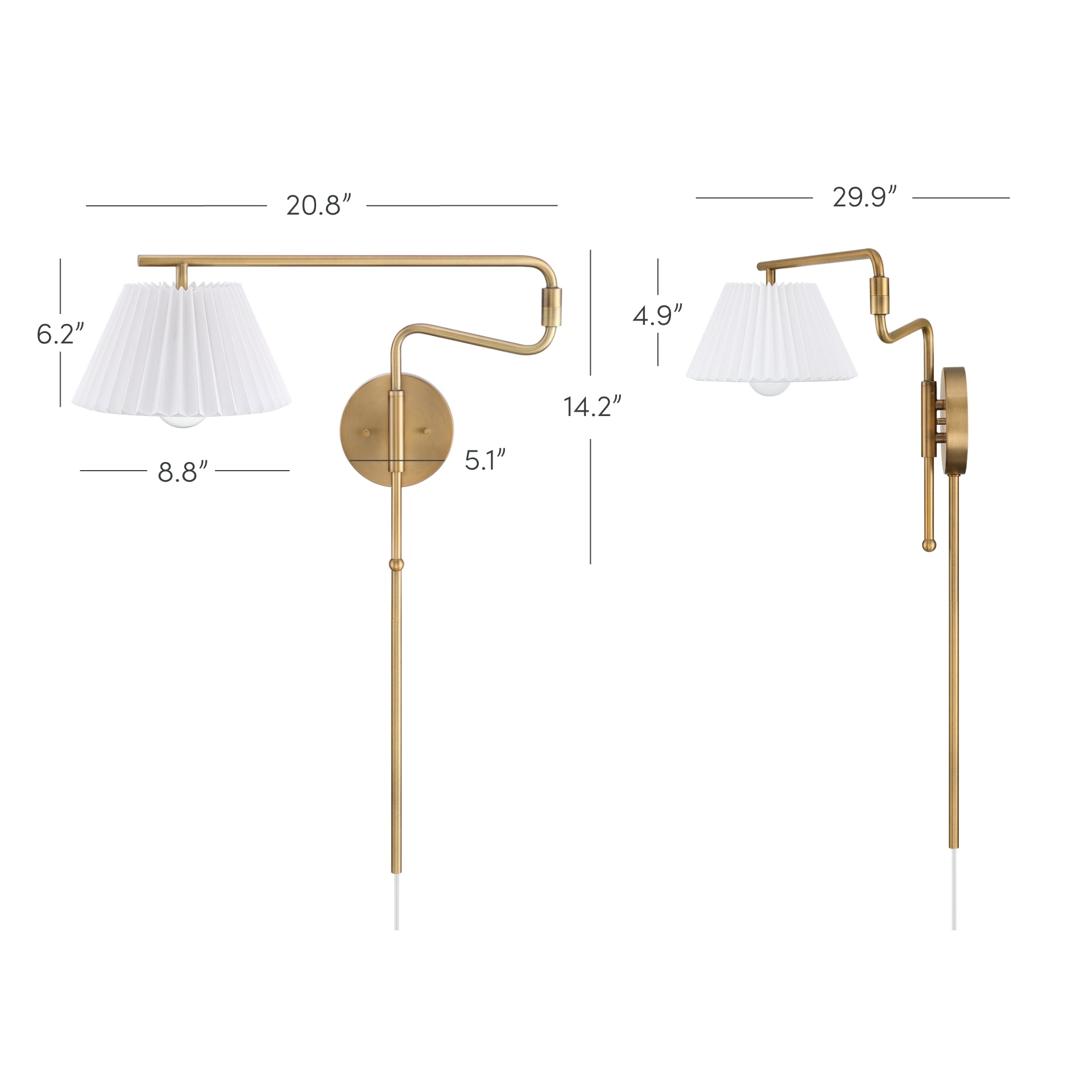 Brass wall-mounted swing arm lamp with a pleated white shade, shown from side and front angles. Dimensions are labeled for width, height, depth, and shade size.