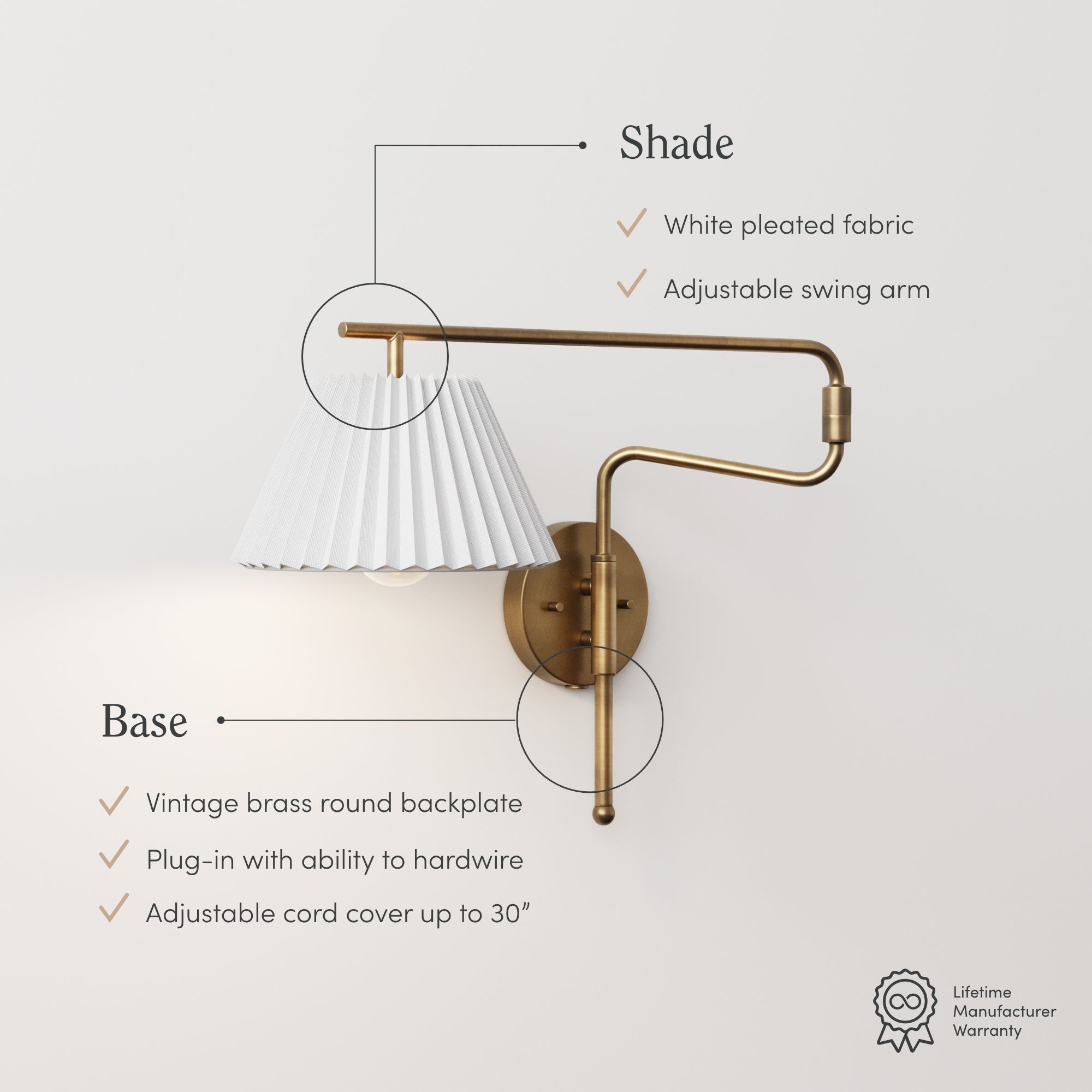 Brass wall lamp with adjustable swing arm, white pleated fabric shade, vintage brass round backplate, plug-in or hardwire option, and adjustable cord cover up to 30 inches. Lifetime warranty icon in the corner.