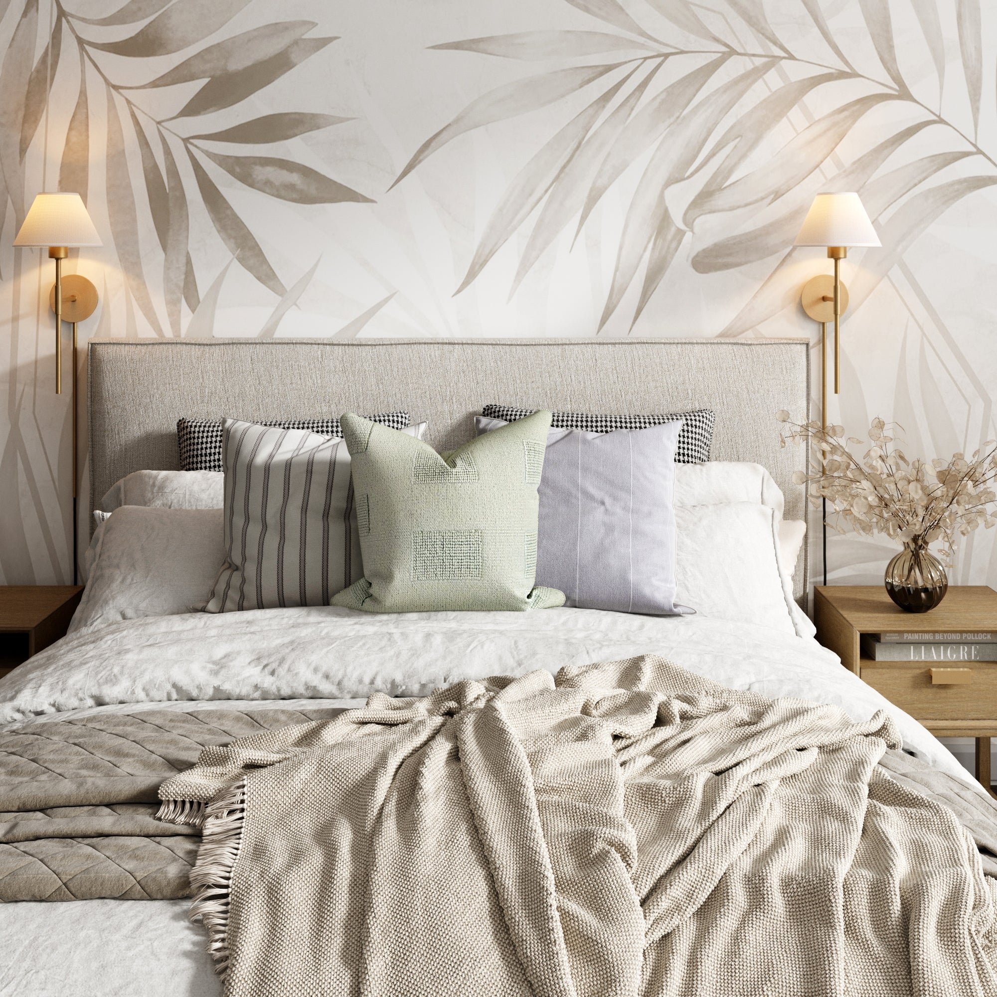 A cozy, modern bedroom features a neatly made bed with neutral pillows, wooden nightstands, and Nathan James Plug-in Cotton Shade Wall Lights (Set of 2) highlighting soft beige botanical wallpaper.