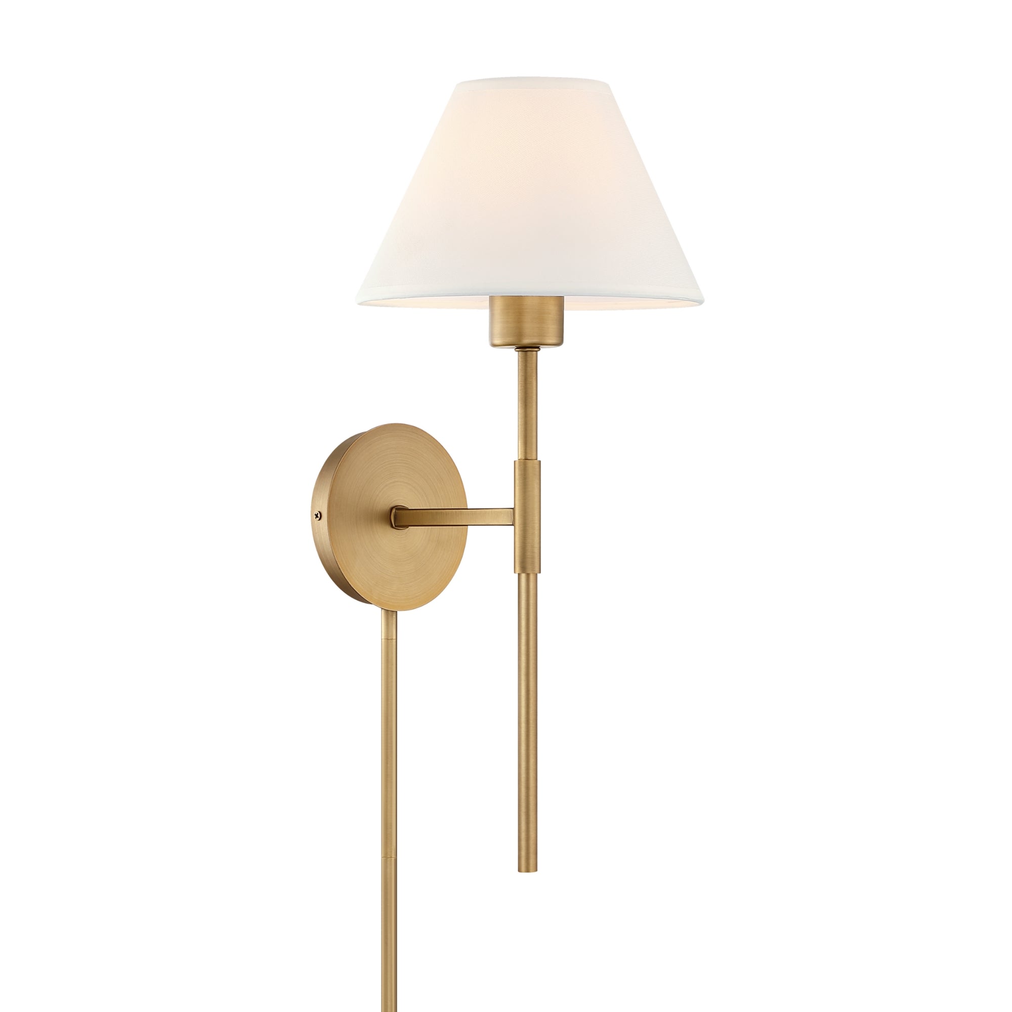A brass wall sconce with a round base, slim vertical rod, and a white conical lampshade, photographed against a plain white background.