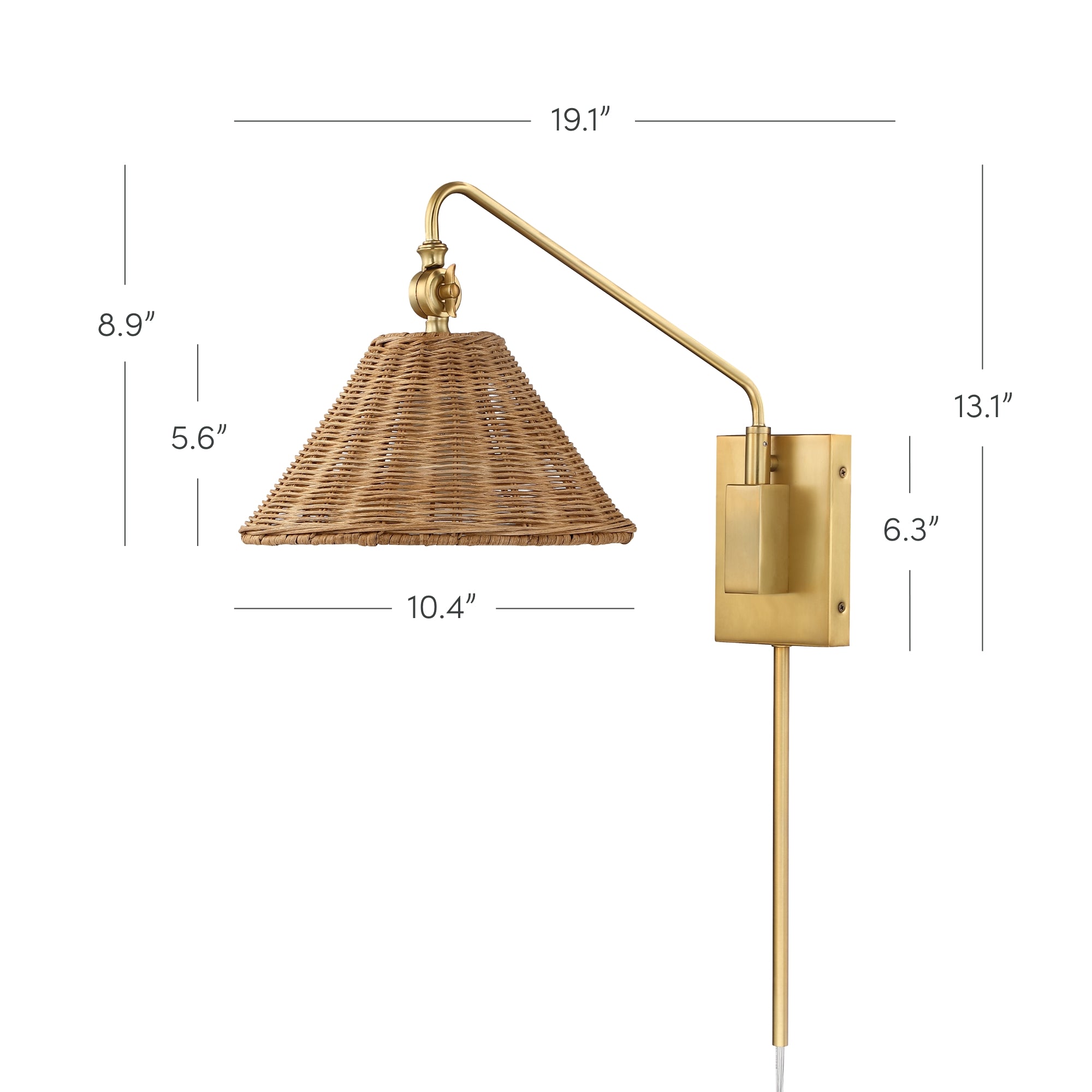 Brass wall-mounted lamp with a wicker shade. Measurements: shade diameter 10.4, shade height 5.6, total height 13.1, height to shade 8.9, arm length 19.1, backplate height 6.3.