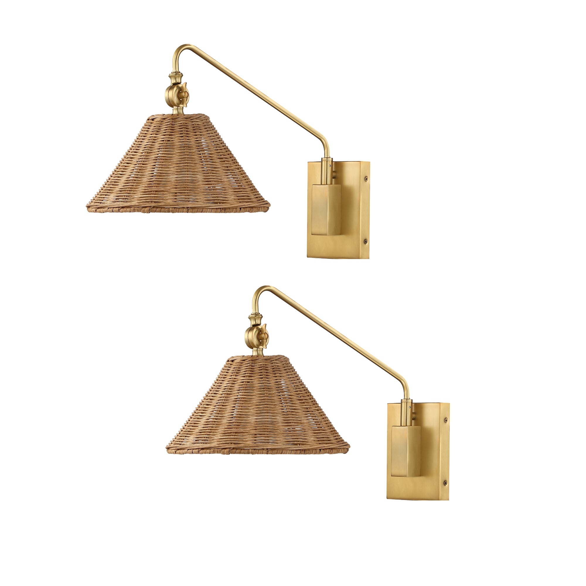 Two wall-mounted brass sconces with adjustable arms and woven wicker cone-shaped lampshades, displayed against a white background.