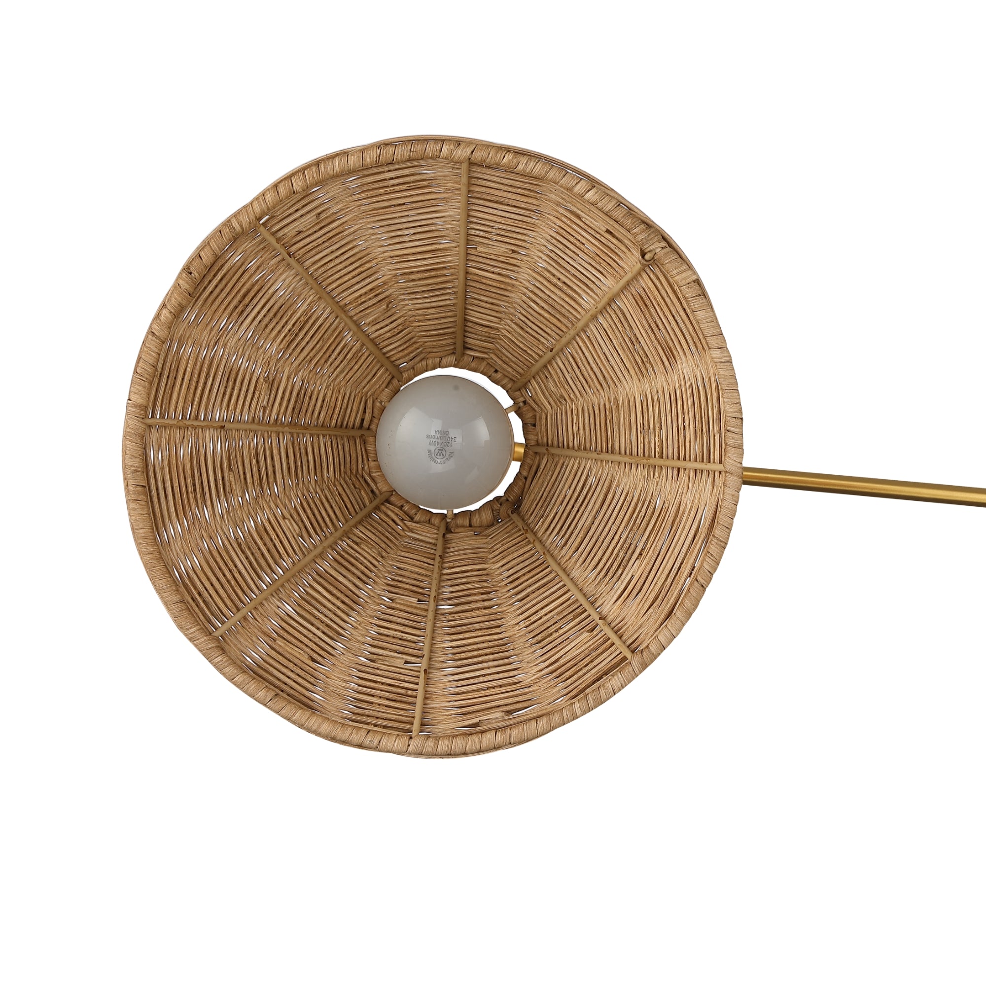 A close-up view of a woven rattan lampshade with a visible white light bulb in the center, attached to a brass or gold-colored rod, photographed against a white background.
