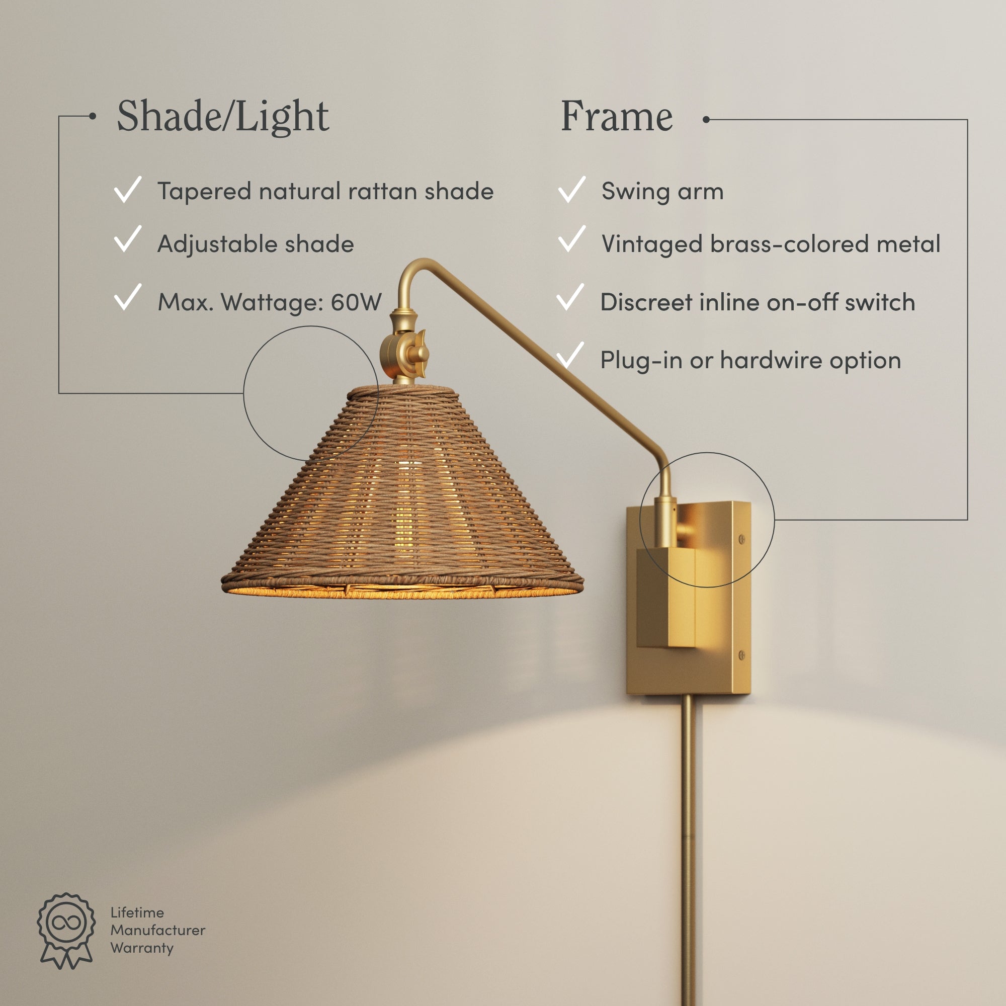 A brass wall lamp with a tapered rattan shade is lit against a plain wall. Text boxes highlight features: tapered natural rattan shade, adjustable, 60W max, swing arm, brass-colored metal, inline switch, and plug-in or hardwire options.