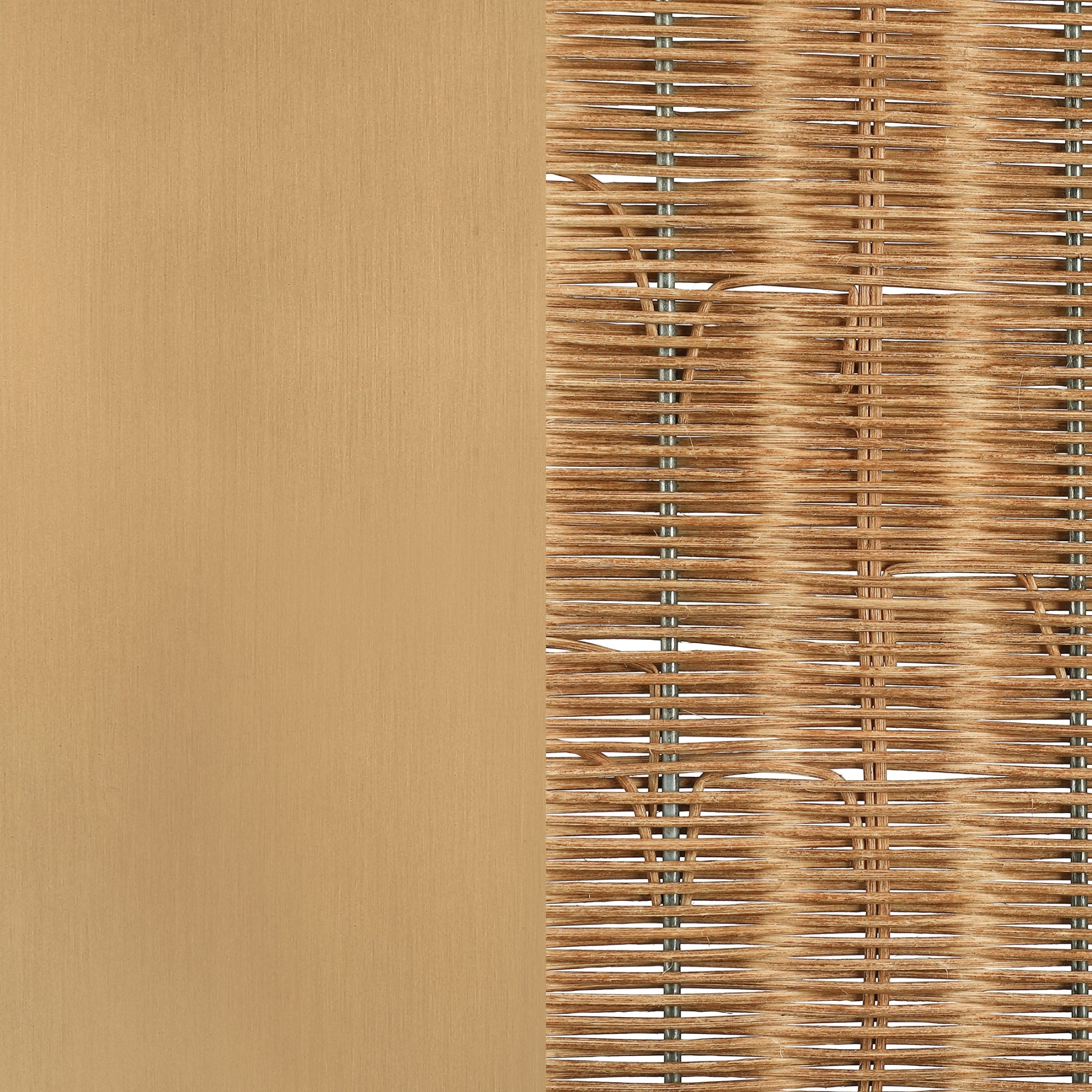 A close-up of a woven rattan panel on the right, showcasing light brown fibers interlaced with thin metallic strips, next to a smooth, solid beige surface on the left.