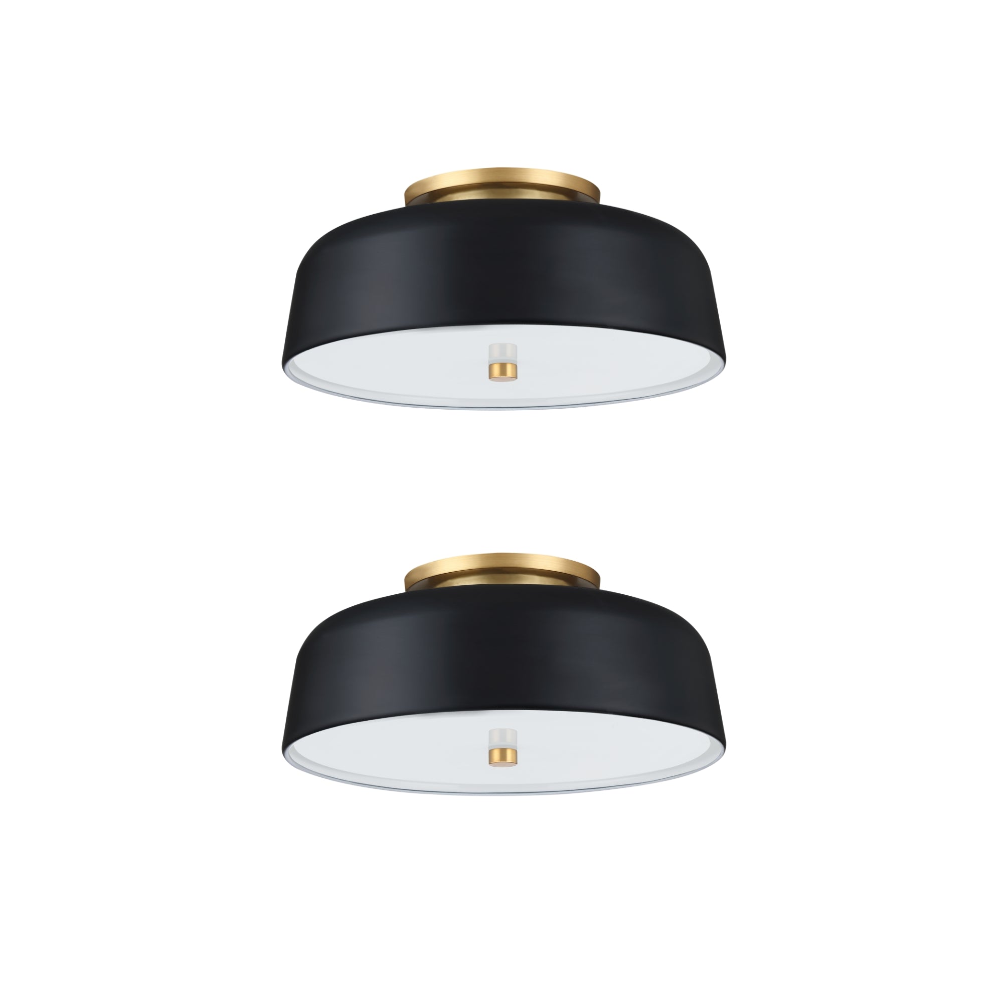 Two modern ceiling light fixtures with black outer shades, white interiors, and gold bases, displayed against a white background. The fixtures are identical and aligned vertically.