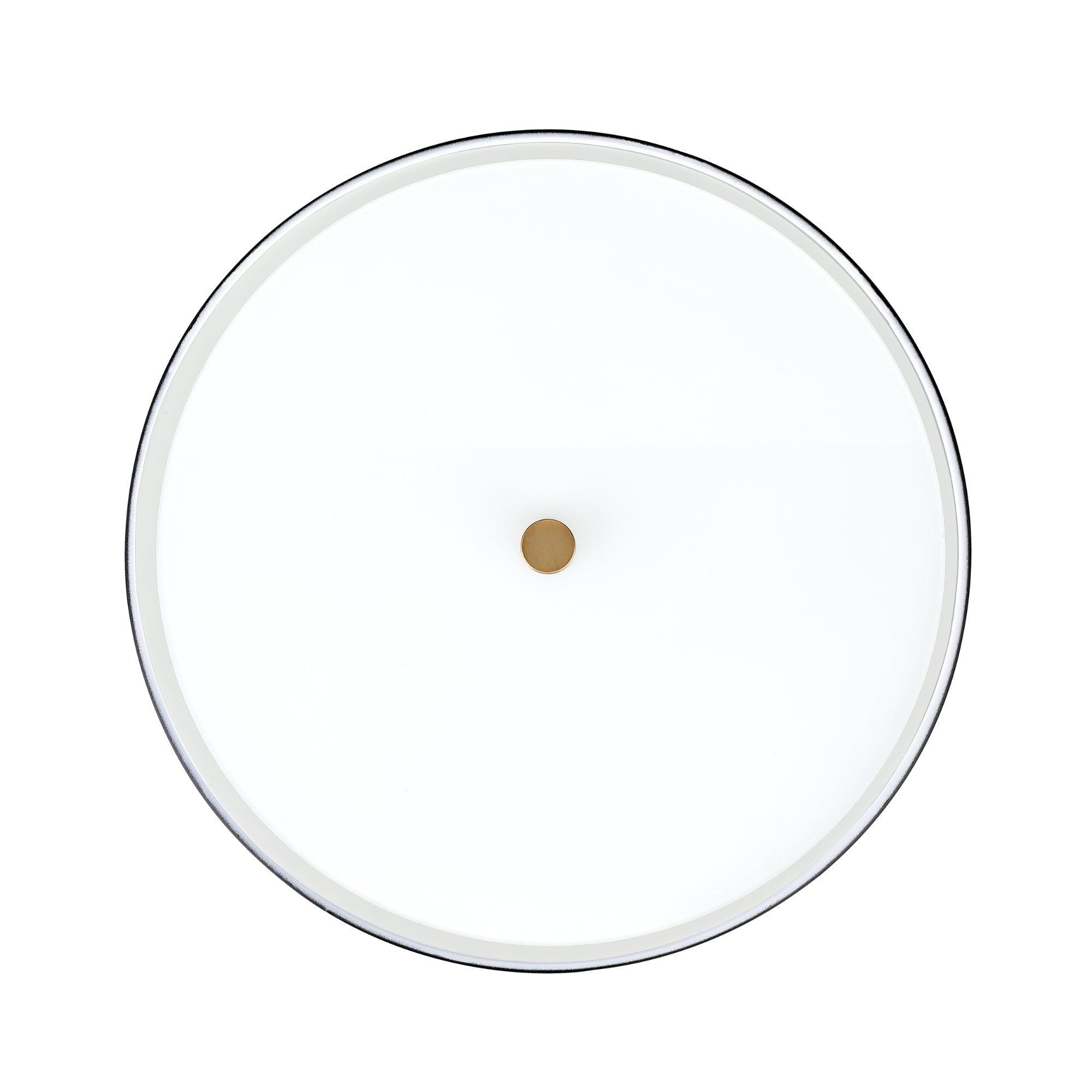 A round, white wall clock with a minimal design, featuring a simple brown central circle and no numbers or visible hands, photographed from above against a white background.