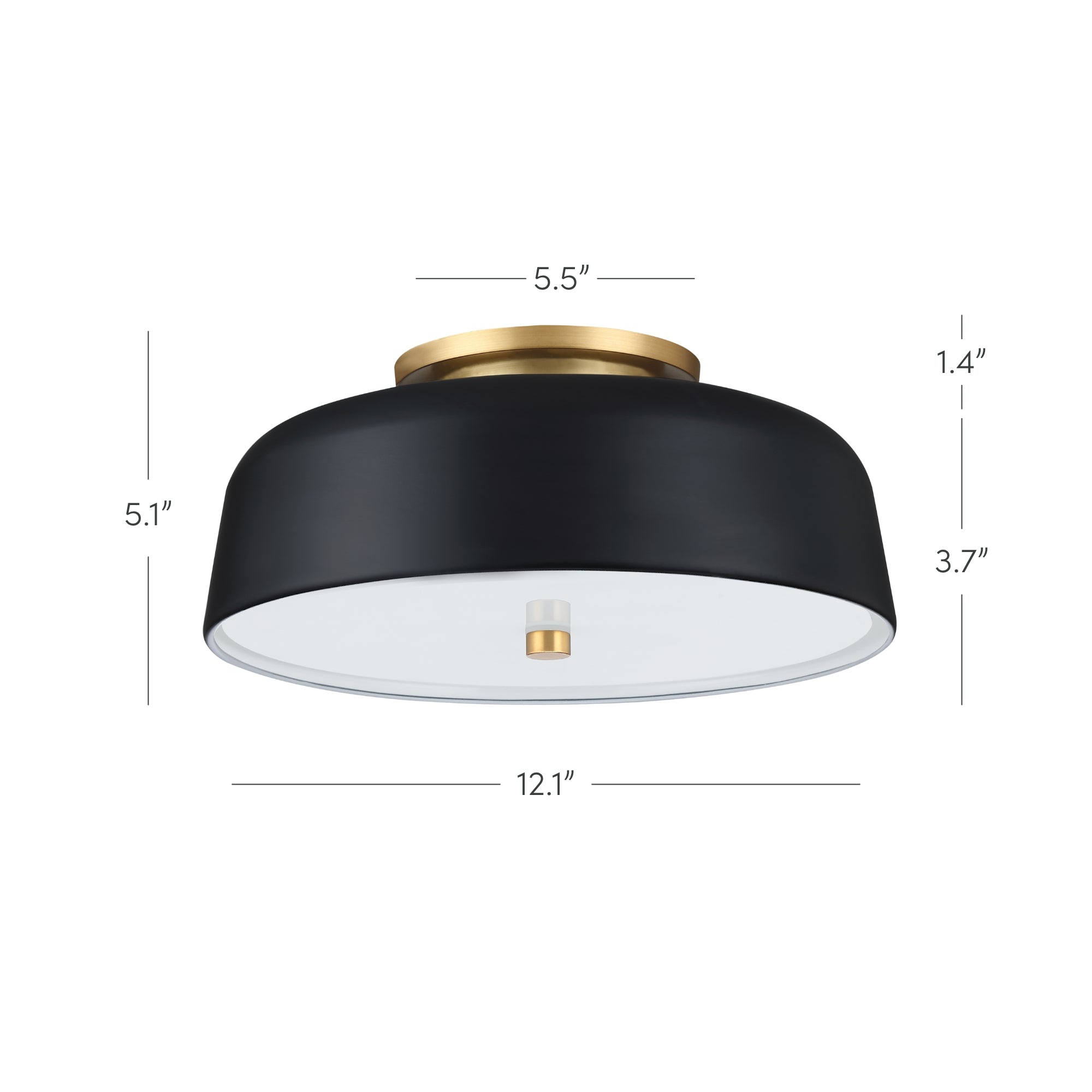 A round black and gold ceiling light fixture with a white diffuser. Dimensions are 12.1 wide, 5.1 tall, with a 5.5 wide gold ceiling mount and a 3.7 tall black shade.