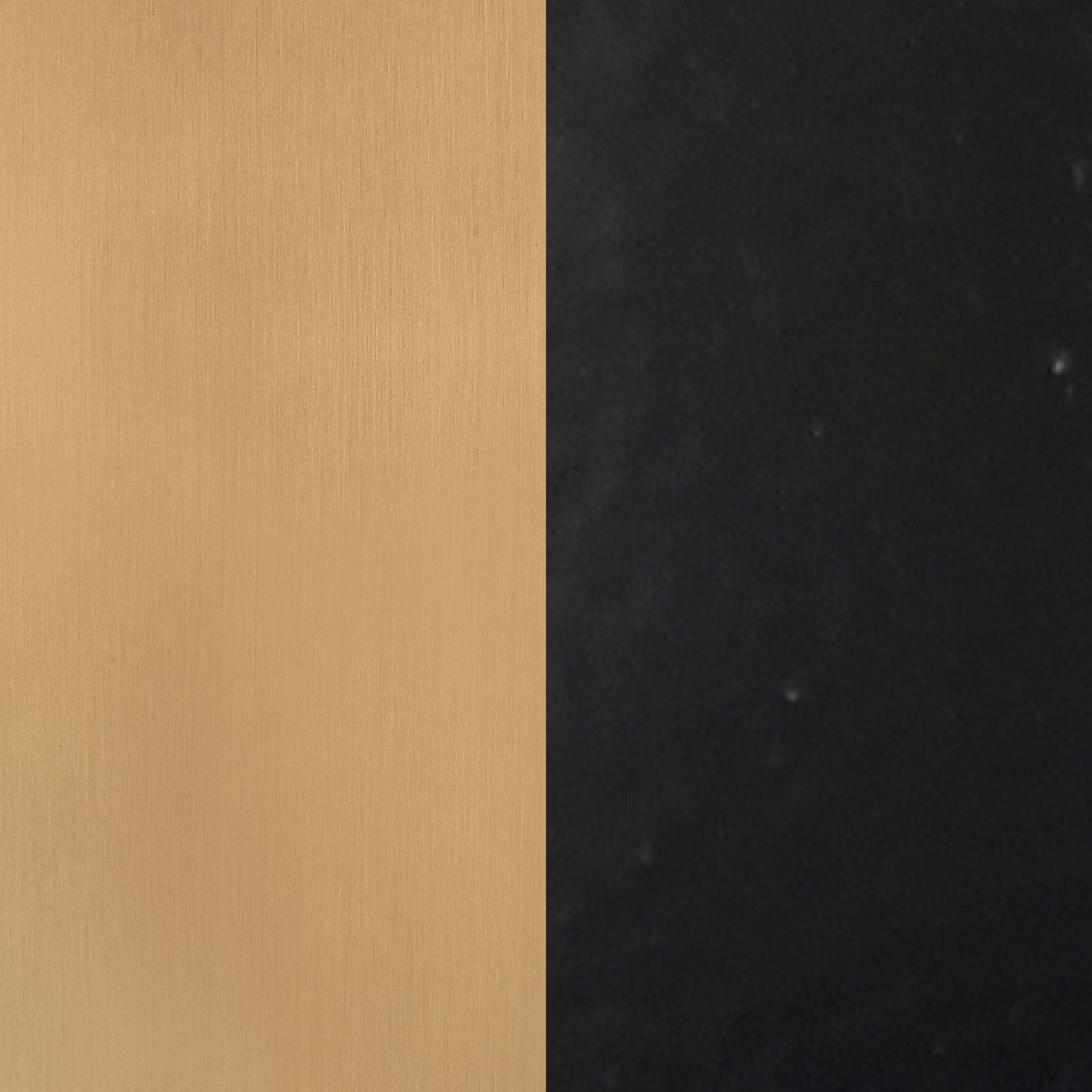 A vertical split background with a smooth, brushed gold texture on the left side and a matte black surface with faint speckles on the right side.