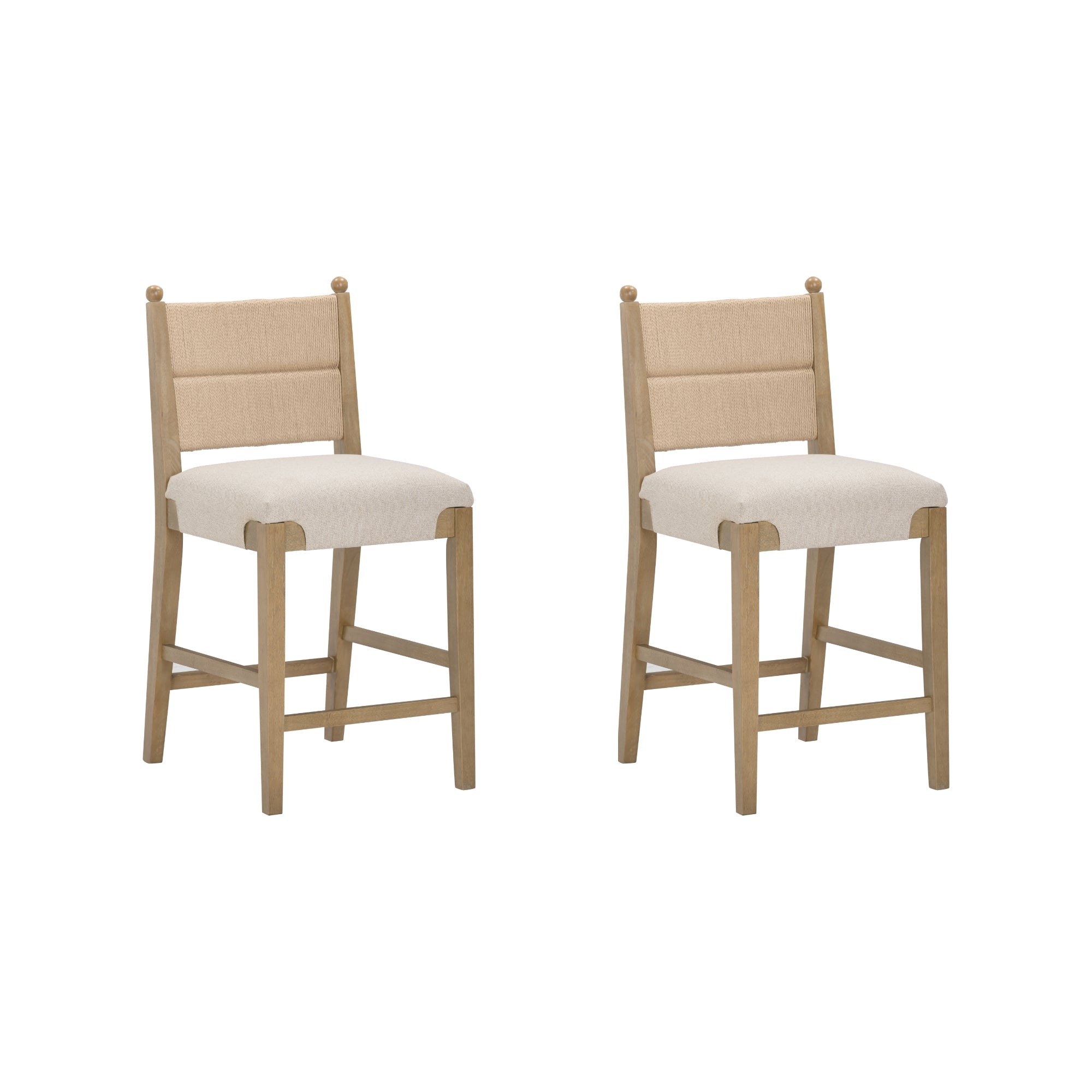 Two wooden chairs with light beige upholstered seats and padded backs, featuring a simple rectangular design and horizontal stitching, are shown side by side on a white background.